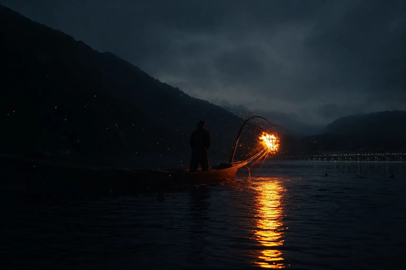a hanging iron basket of burning pinewood casting firelight over the dark current of the Ōi River in Arashiyama at dusk, with a cormorant fishing boat silhouetted below the wooded hills near the Toget
