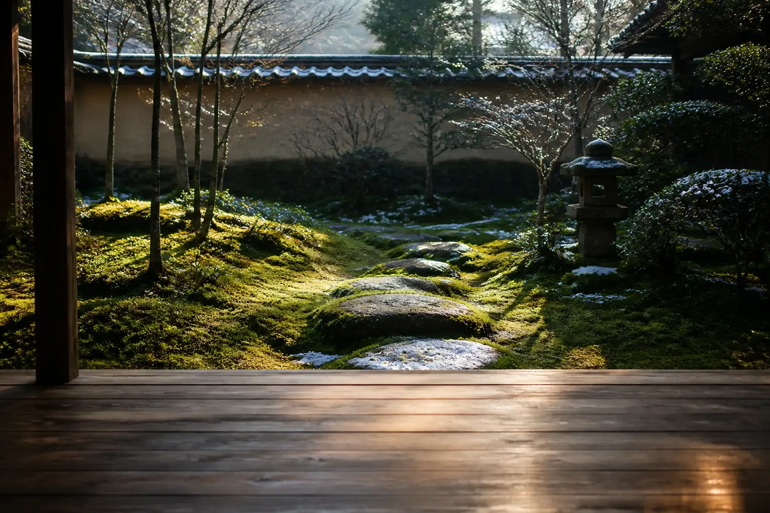 Person-free Kyoto garden with moss, stepping stones, and wooden veranda of a heritage building