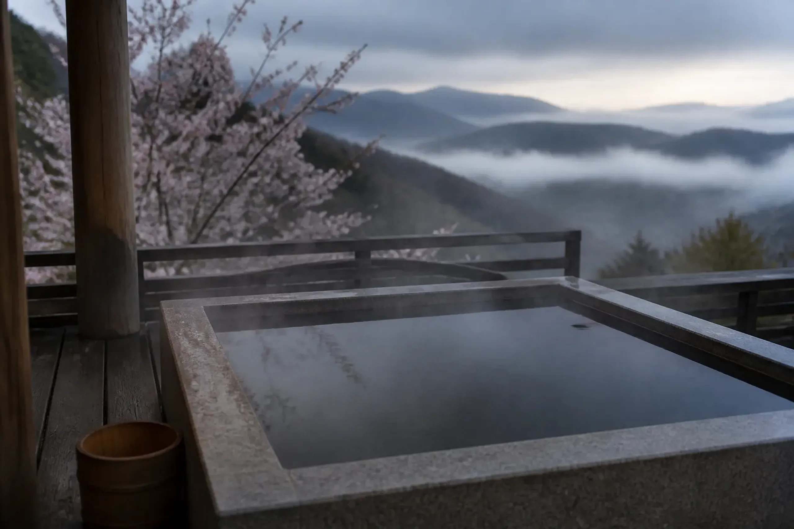 Private open-air onsen bath on a terrace in Hakone with steam and forested mountain view