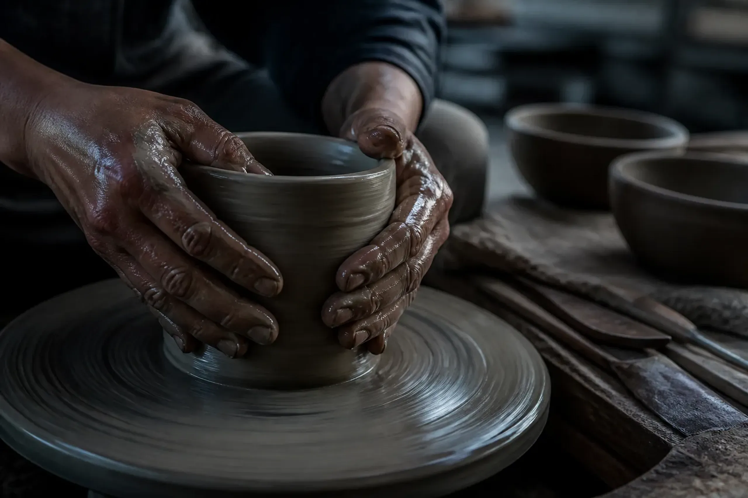 A close-up of a Kyoto artisan's hands shaping raw clay on a wheel in a quiet workshop, with weathered wooden tools and unglazed wabi-sabi ceramic bowls resting on a natural linen cloth, lit by soft wi