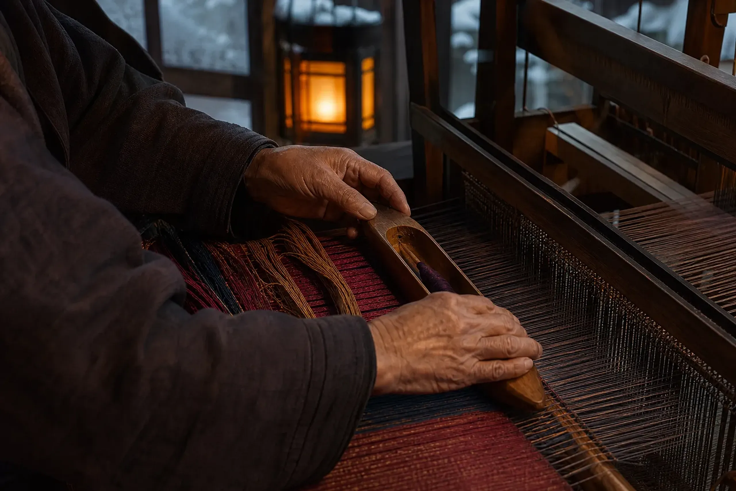Nishijin textile weaver's hands working coloured silk threads on a traditional wooden loom in Kyoto