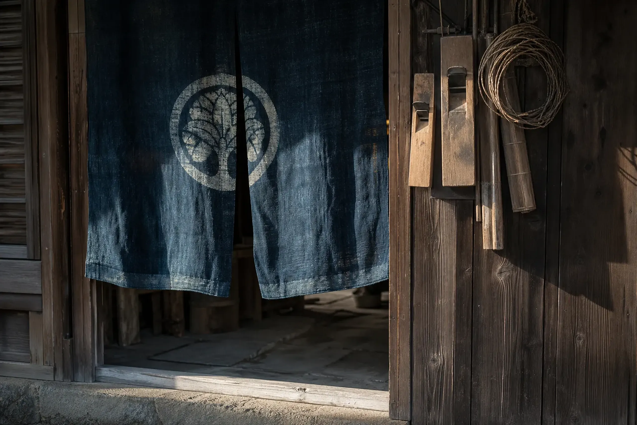 Entrance to a small traditional Kyoto craft workshop with noren curtain and hanging tools in soft morning light