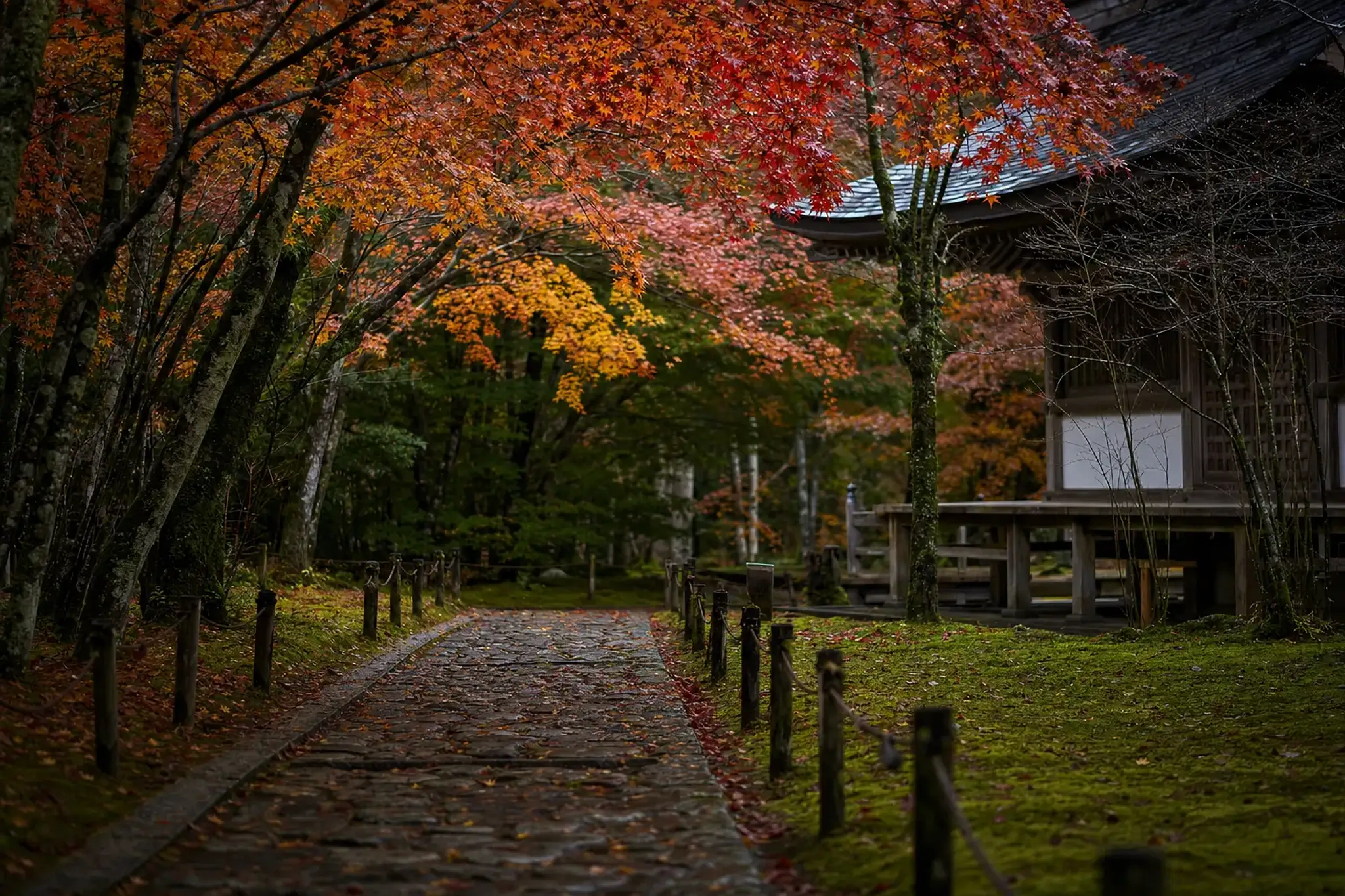 Autumn maple leaves over a moss garden and stone path at a temple in Ohara north of Kyoto