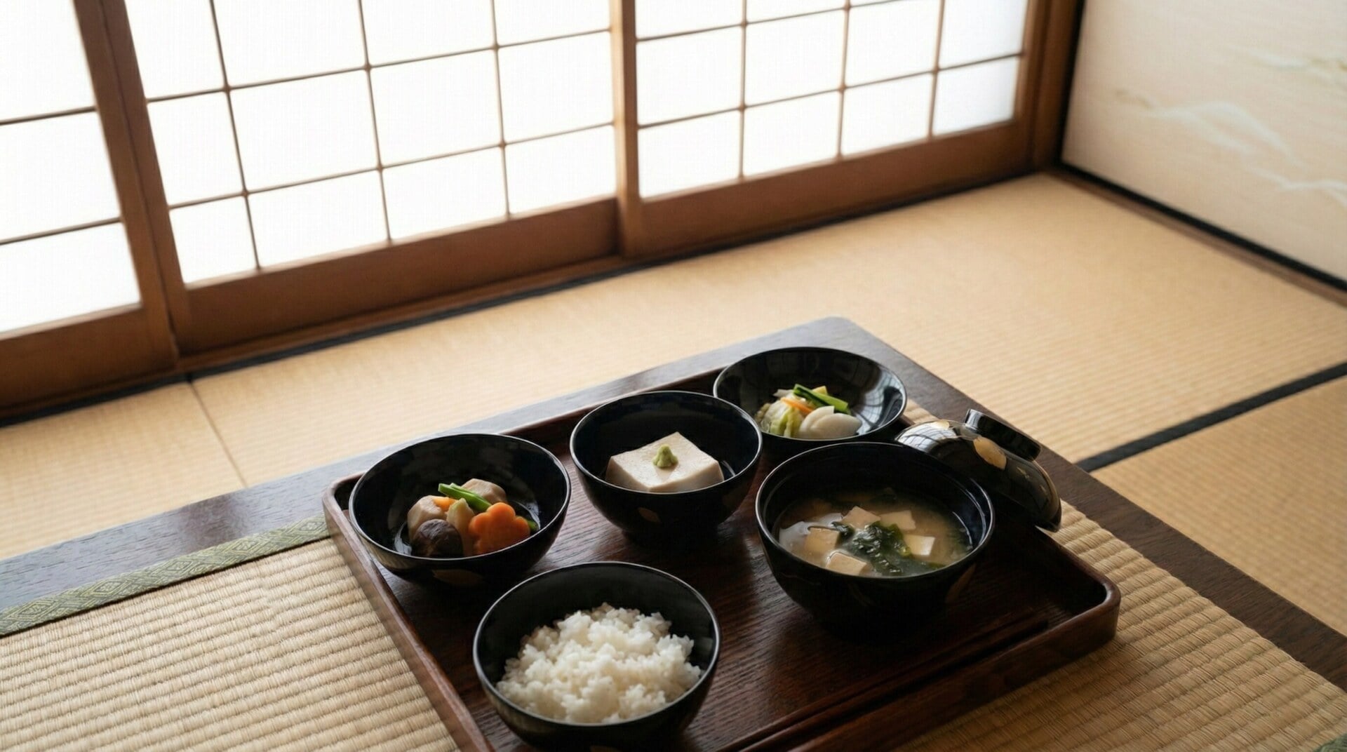 Traditional Japanese Shojin Ryori vegetarian meal served in elegant black lacquerware.