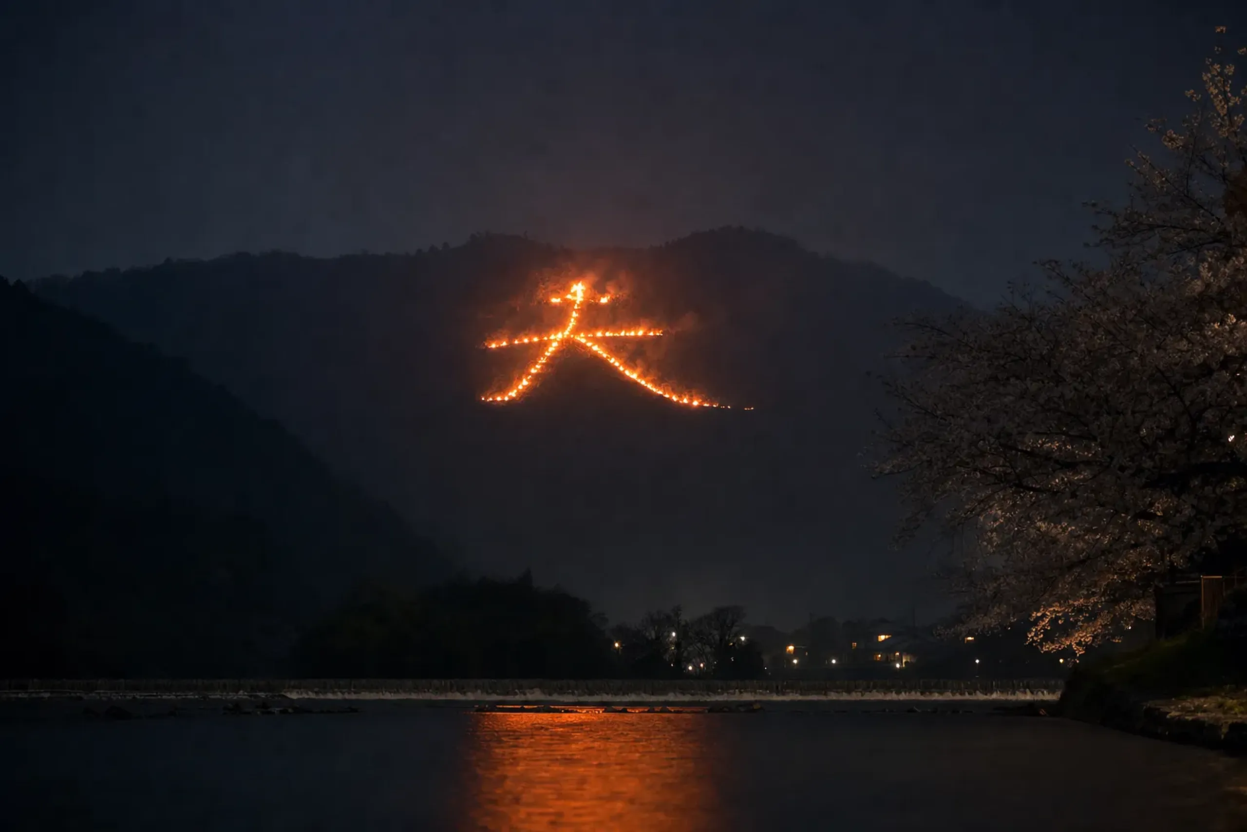 The glowing 'Daimonji' (大) kanji character formed of bonfires burning on Nyoigatake in Kyoto's Higashiyama mountains at night
