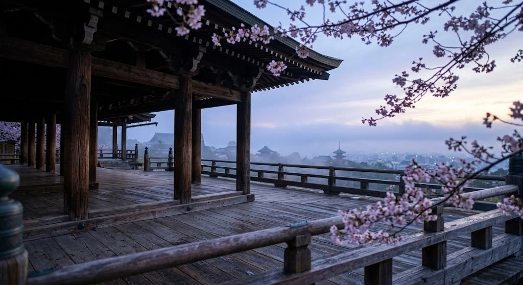 Wooden temple deck with supporting columns, overlooking a hazy cityscape and distant pagoda, framed by pink cherry blossoms at dusk.