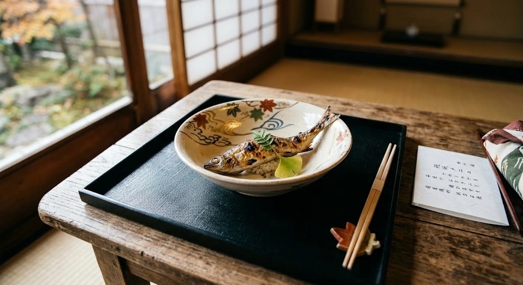 Grilled fish on a decorative ceramic plate with greens, set on a black tray by a window in a traditional Japanese room.