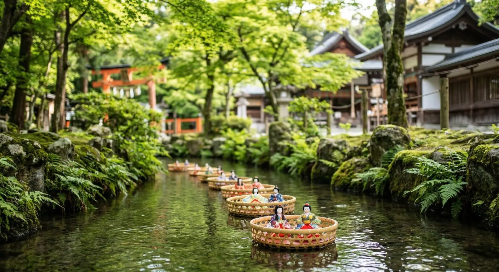 Small round woven baskets carrying paper dolls floating down a gentle stream at Shimogamo Shrine.