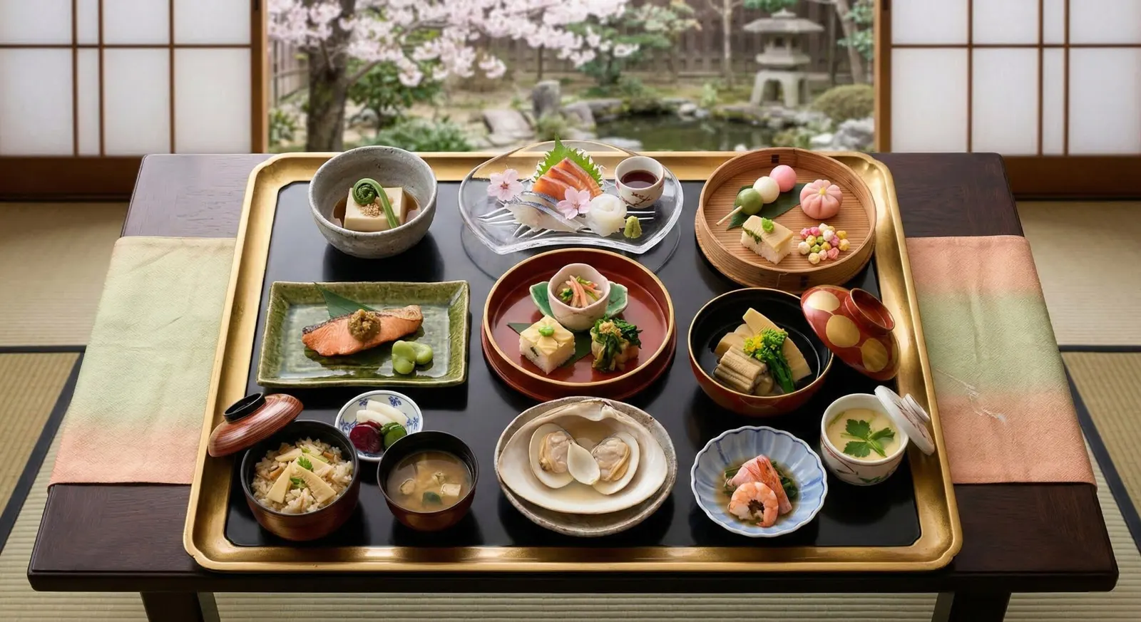 A beautifully plated multi-course Japanese kaiseki meal featuring spring colors, served in a traditional private dining room.