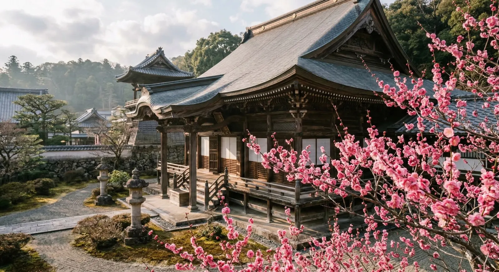 Bright pink plum blossoms blooming against the backdrop of a traditional wooden Japanese temple building.