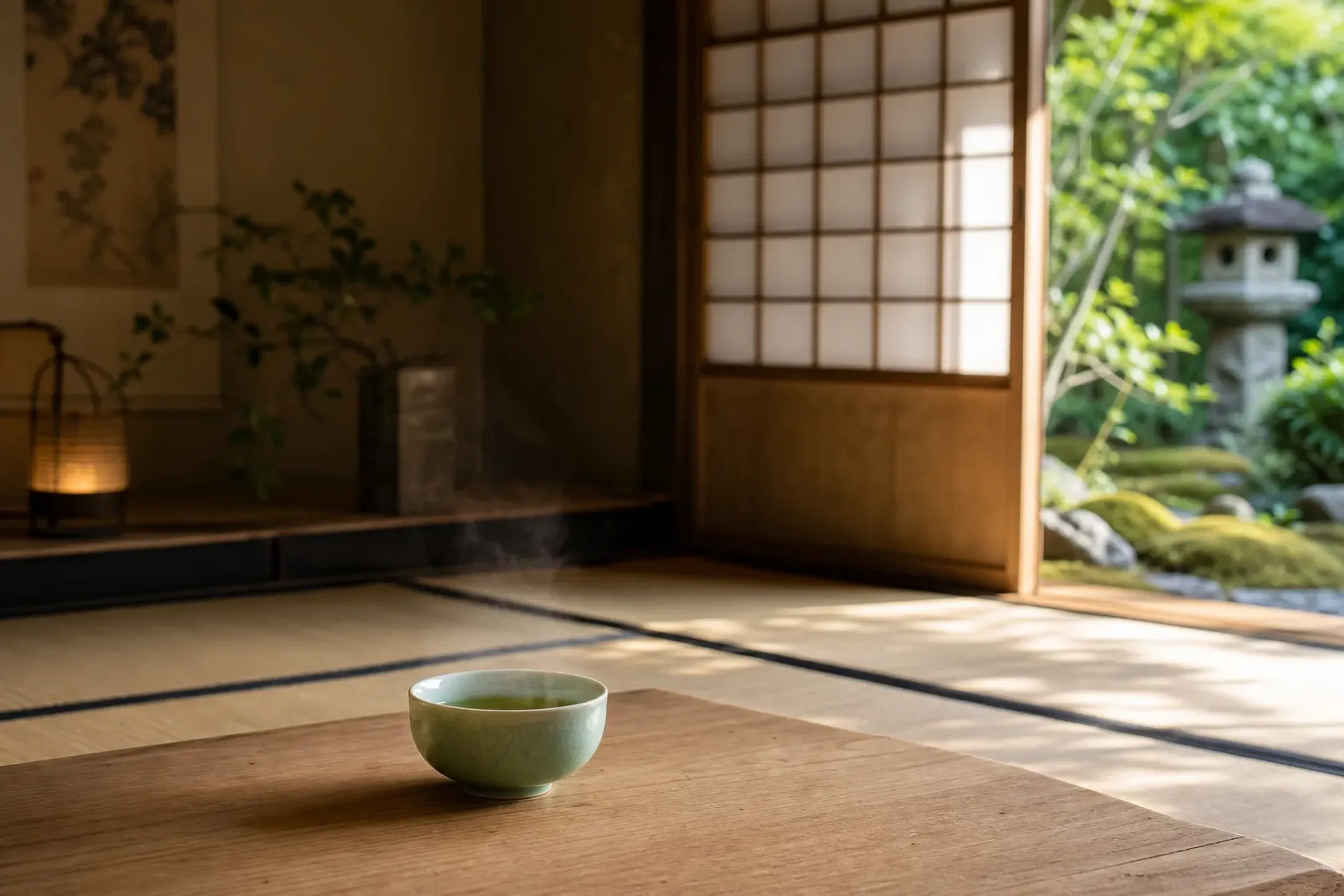Green tea served on a low table inside a traditional Kyoto machiya townhouse with tatami and shoji screens