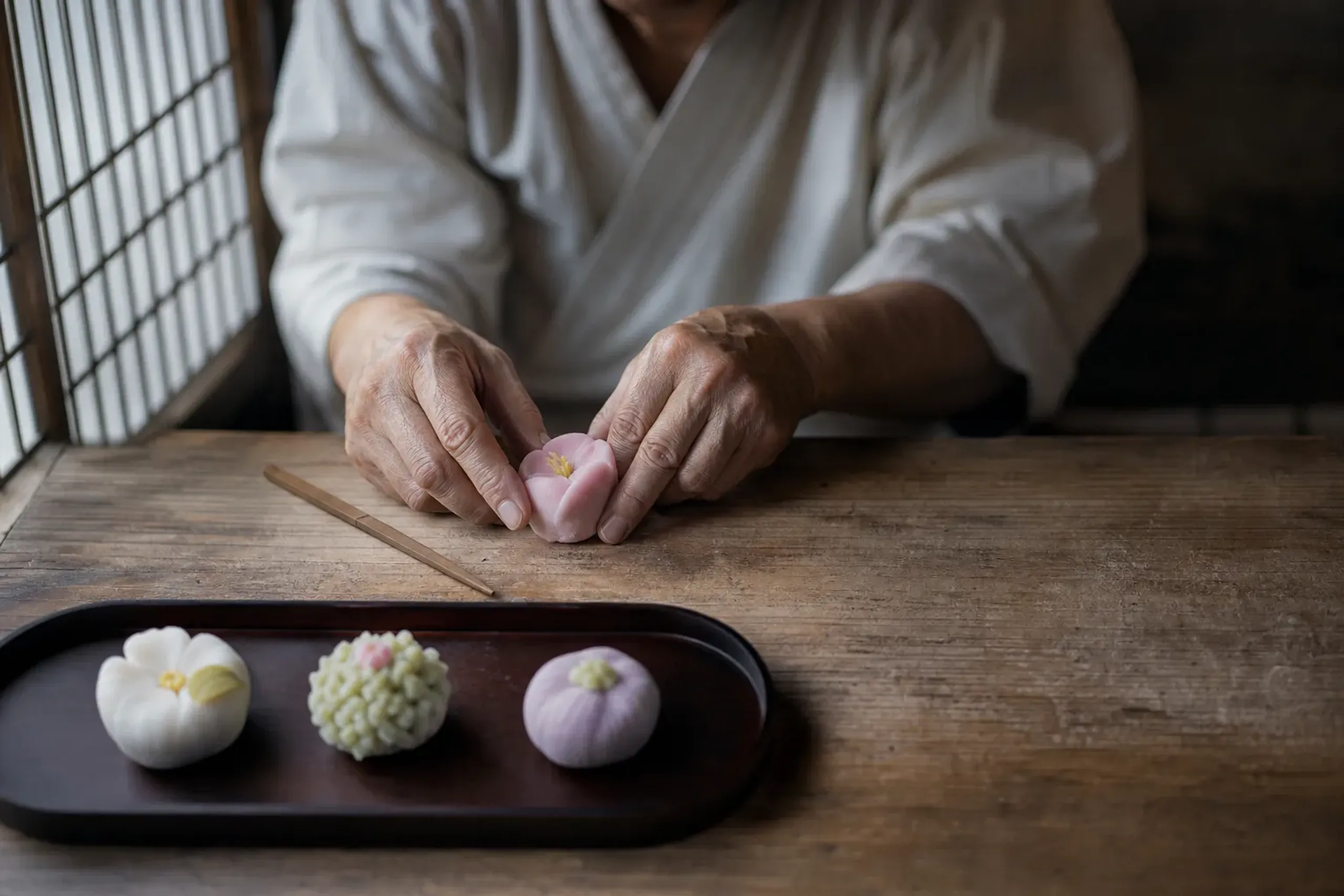 Kyoto artisan shaping handmade nerikiri wagashi confections at a wooden workbench in a private atelier