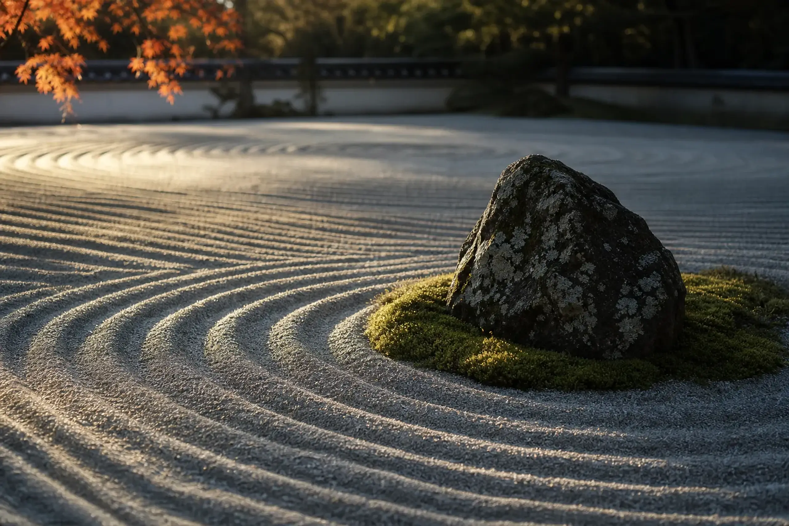Empty raked gravel Zen garden in Kyoto at early morning with moss and a single weathered stone