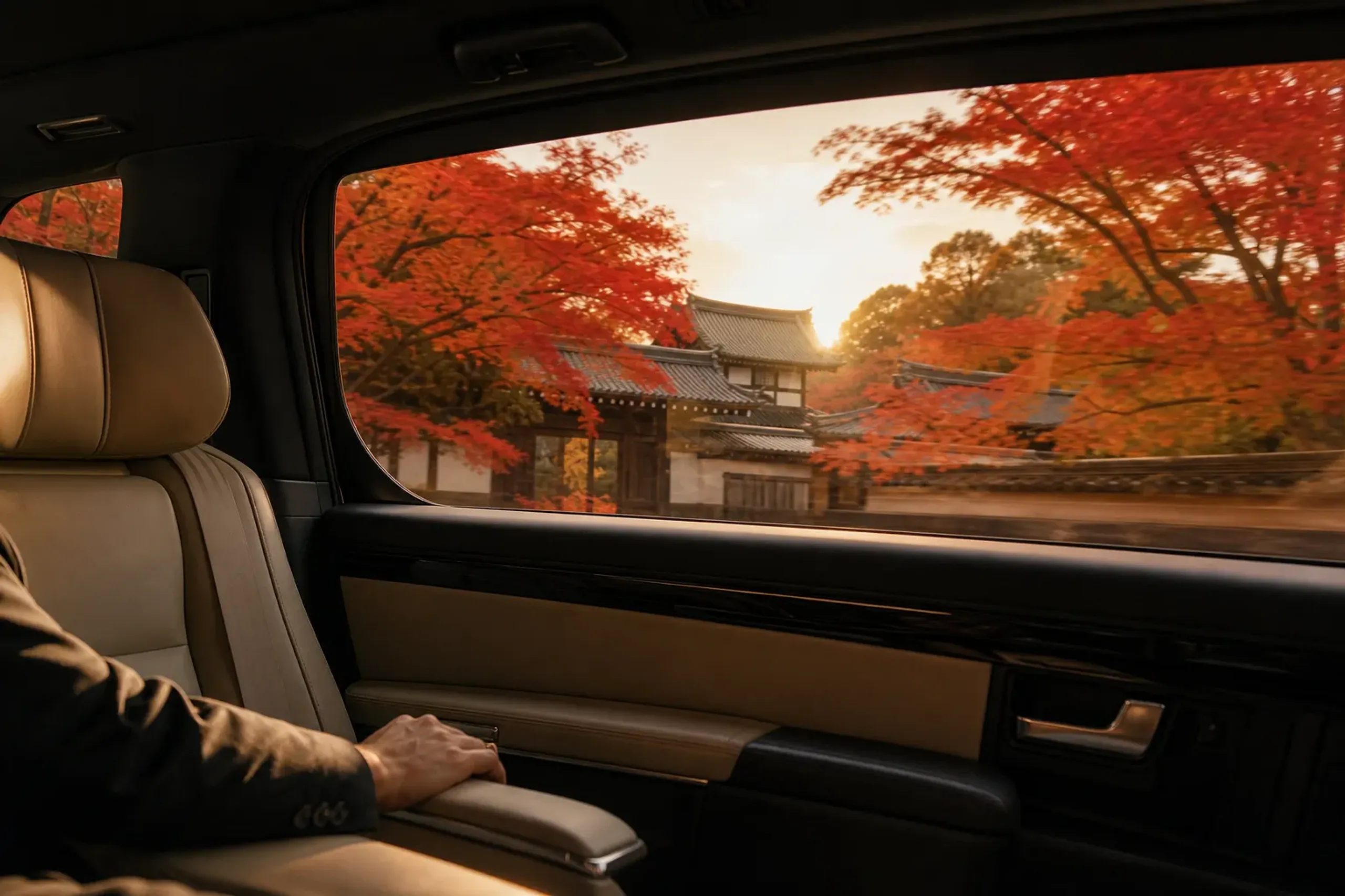 Interior of a luxury chauffeured minivan in Kyoto with cream leather seats and temple views through the window