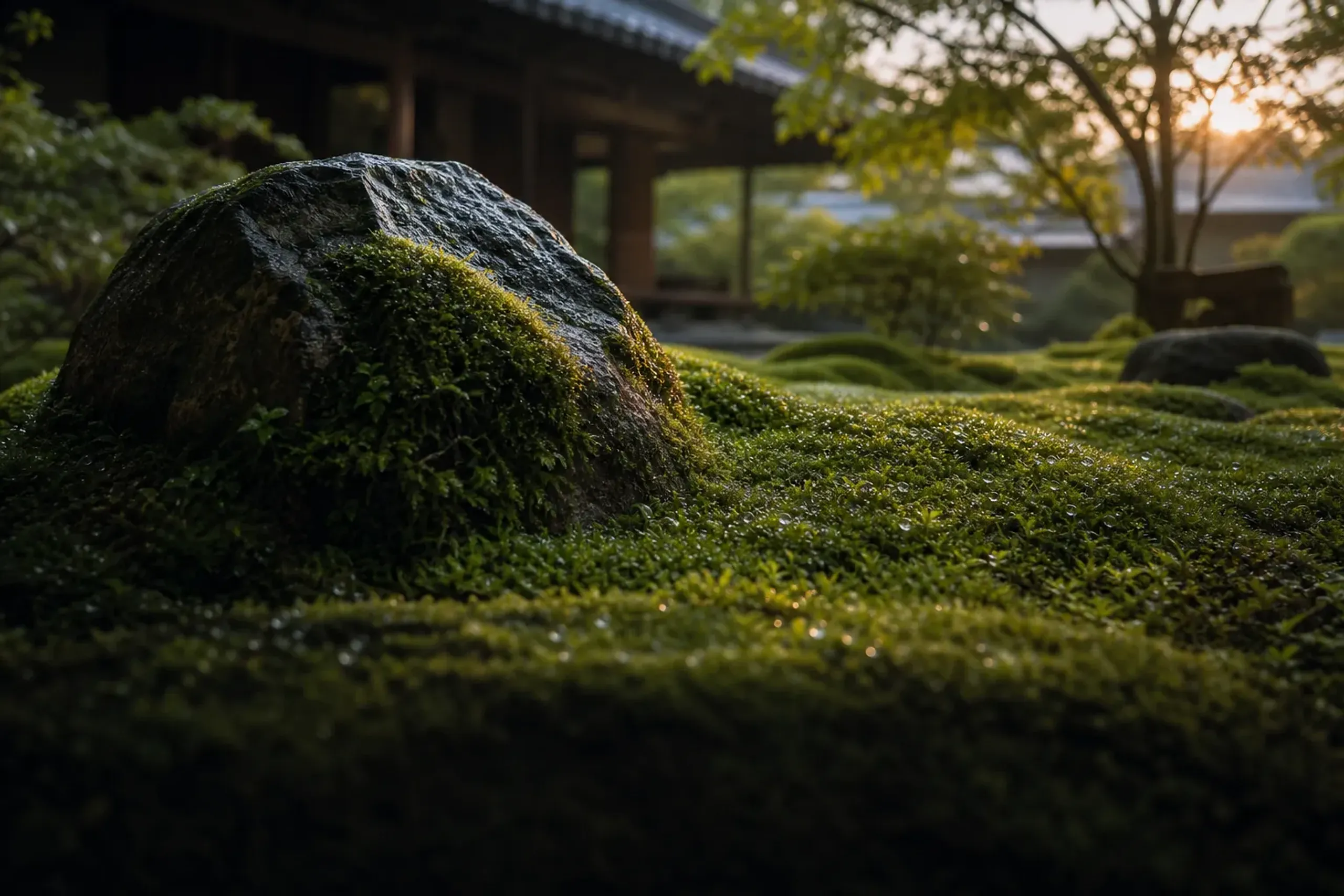 A single Kyoto temple moss garden viewed in soft late-afternoon light, dew-covered green moss creeping over weathered stone, empty of visitors