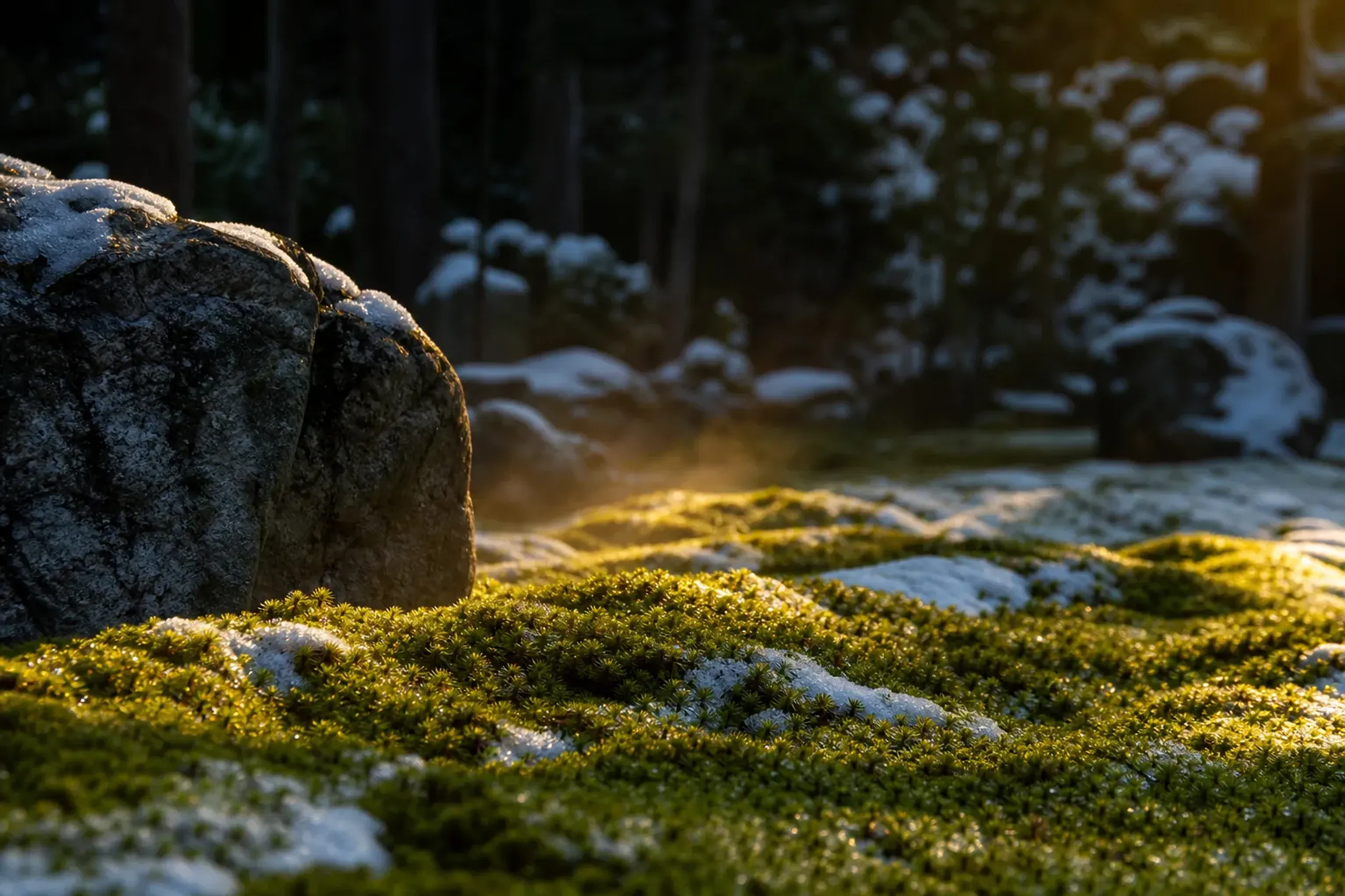 A single Kyoto temple moss garden viewed in soft late-afternoon light, dew-covered green moss creeping over weathered stone, empty of visitors