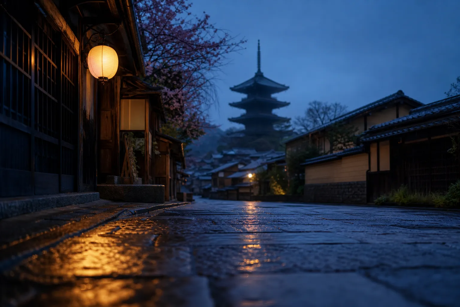 Quiet Kyoto lane at dawn with mist and a glowing paper lantern