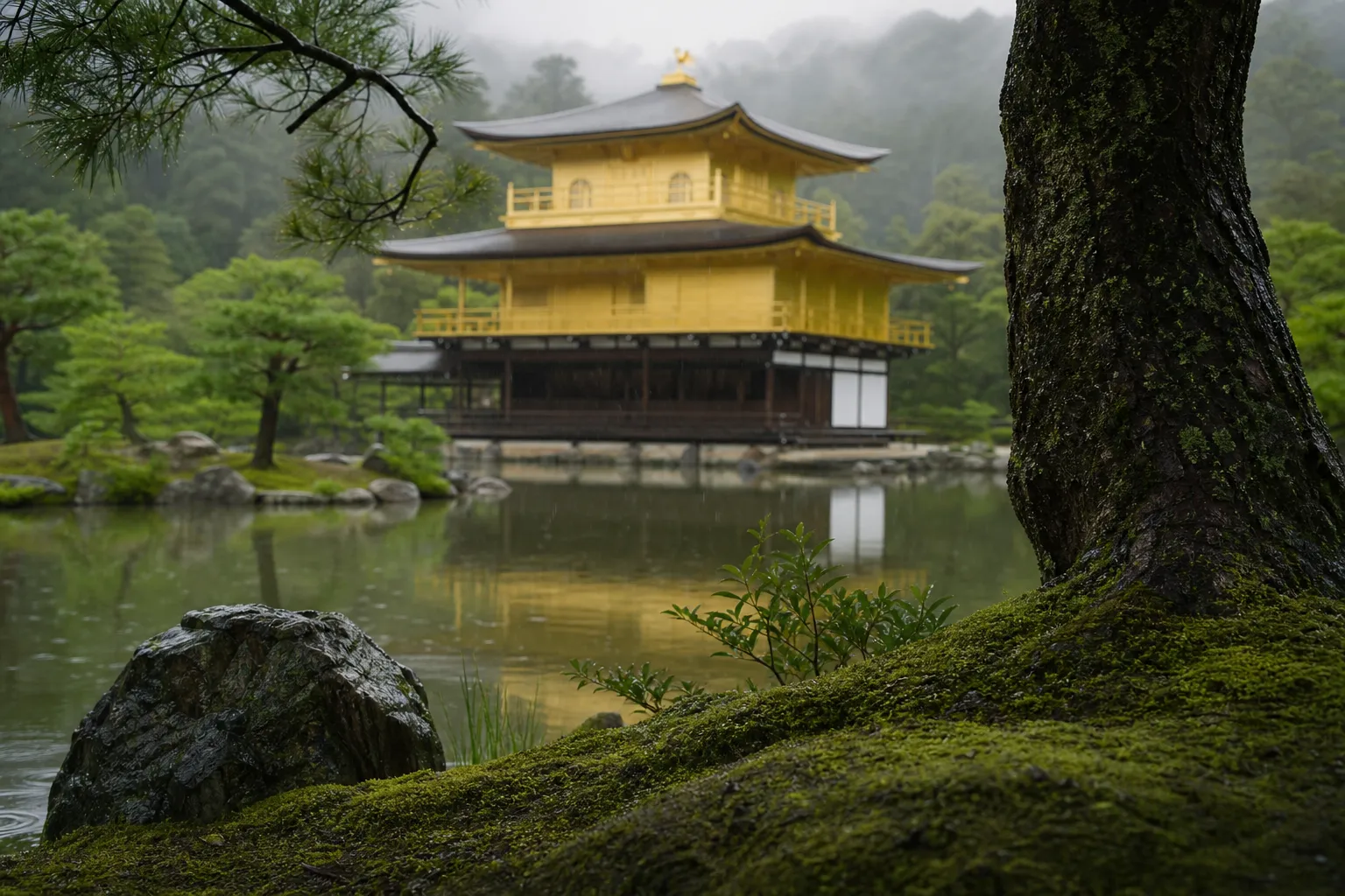 Kinkaku-ji Golden Pavilion reflected in a pond on a foggy morning in Kyoto