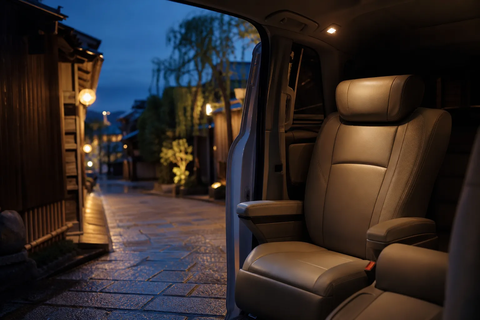 Private chauffeured vehicle interior ready for an early morning departure in Kyoto