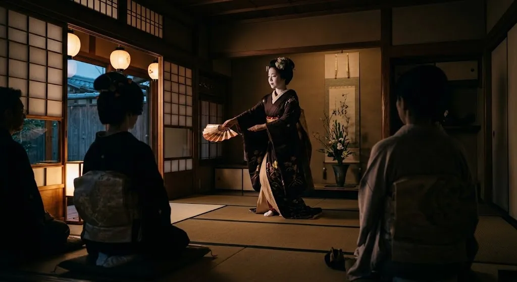 A Geiko performs a traditional dance in a dimly lit, elegant private tea house setting while refined guests look on with respect in Kyoto.