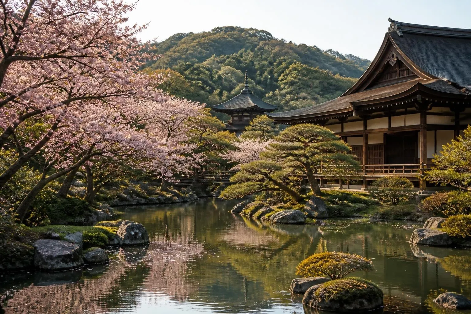 Cherry blossoms line a calm pond beside a traditional wooden temple, with a distant pagoda on a hillside.