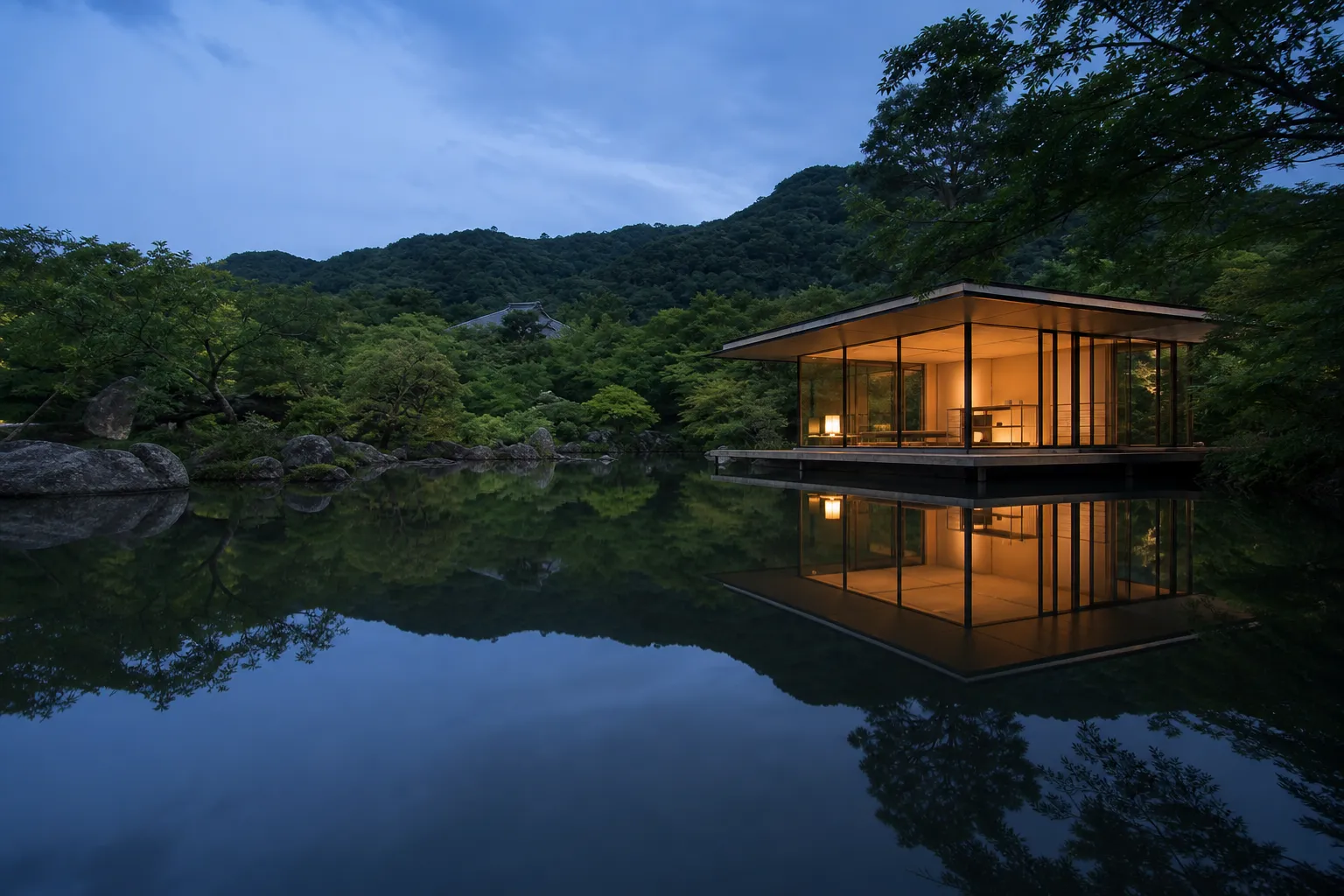 The glass tea house is located on the edge of the pond at Four Seasons Kyoto.