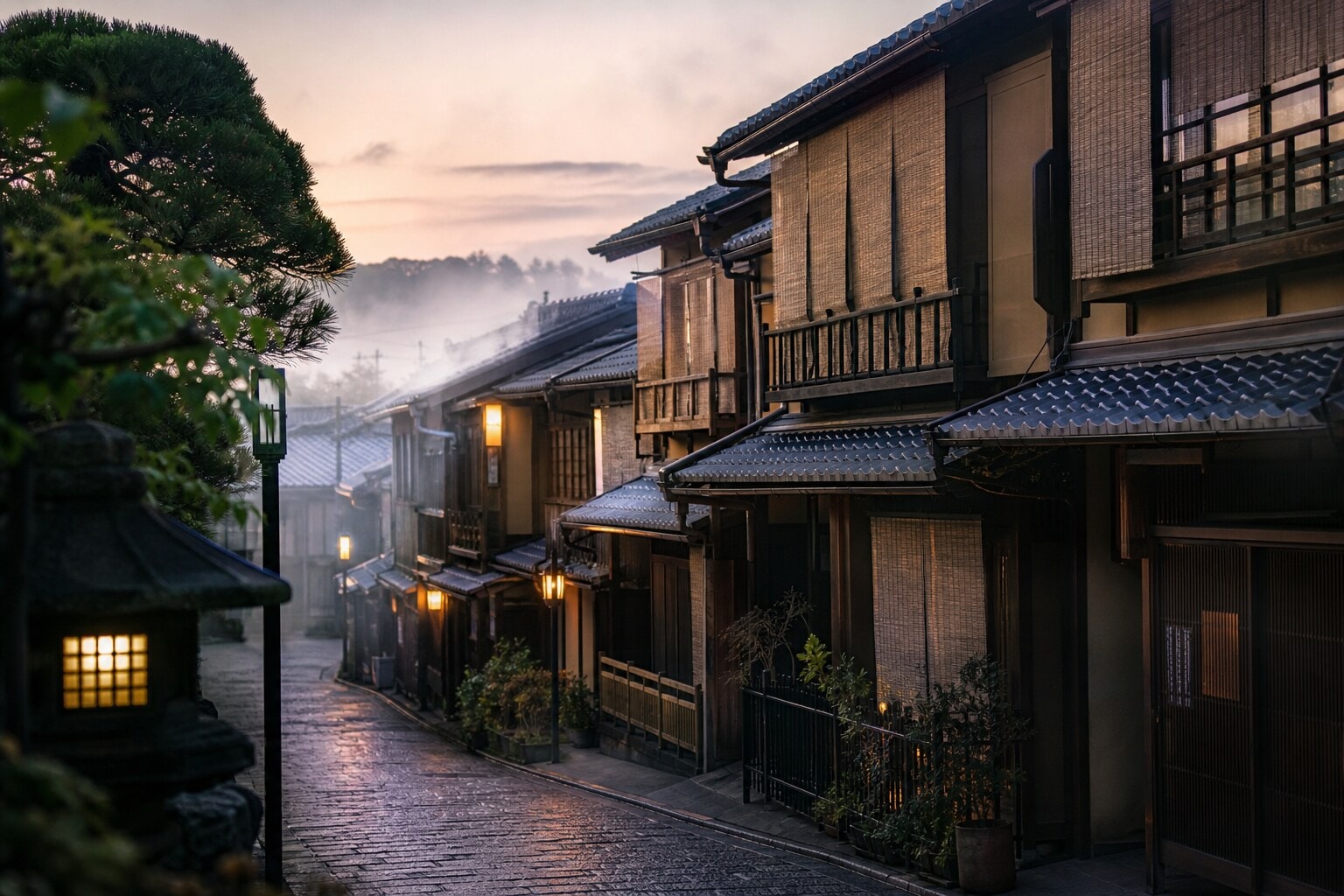 A quiet, preserved historic street in Kyoto bathed in soft morning light