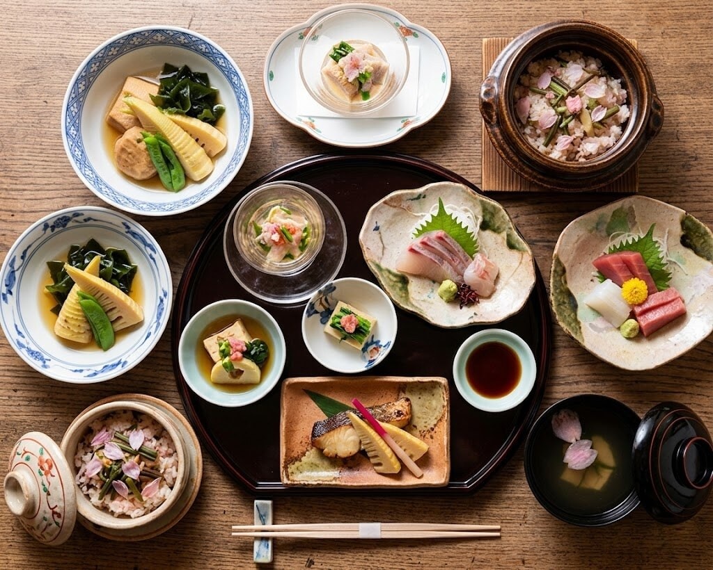 Top-down view of a traditional Japanese kaiseki meal with multiple small dishes, including sashimi, tofu, vegetables, and miso soup on a wooden table.