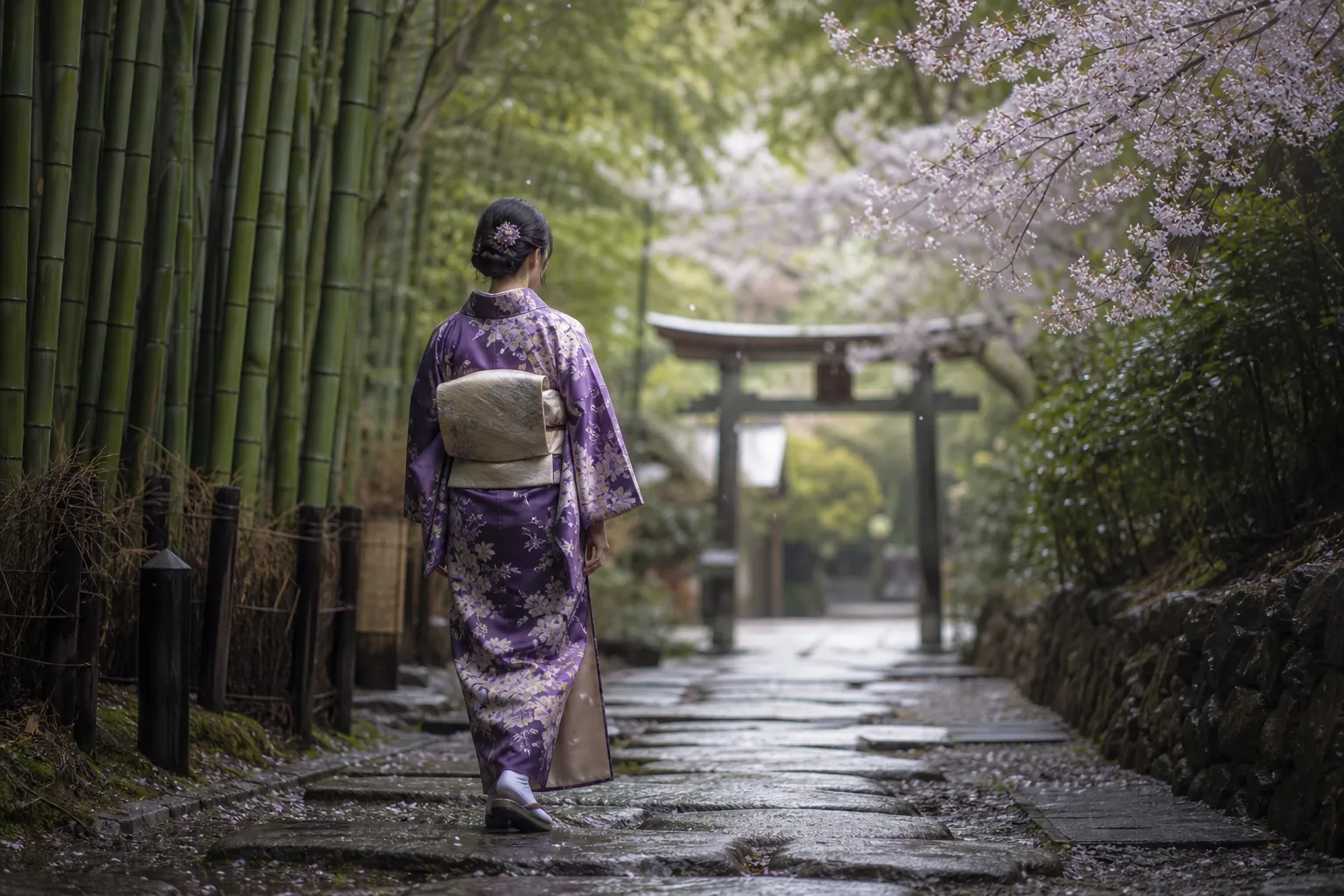 Woman in a purple floral kimono stands on a stone path beside bamboo and cherry blossoms, with a traditional gate in the distance.