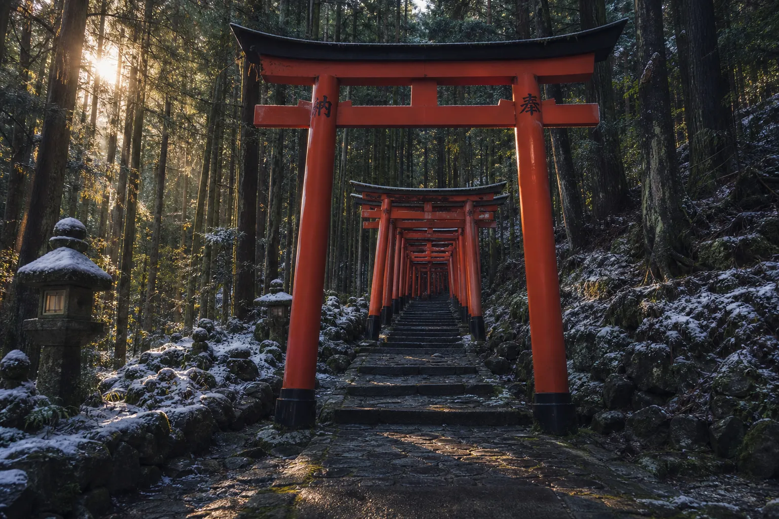 A seemingly endless ascending pathway winds through vibrant moving vermilion torii gates on Mount Inari, illuminated by soft dappled morning sunlight filtering elegantly through the surrounding forest.