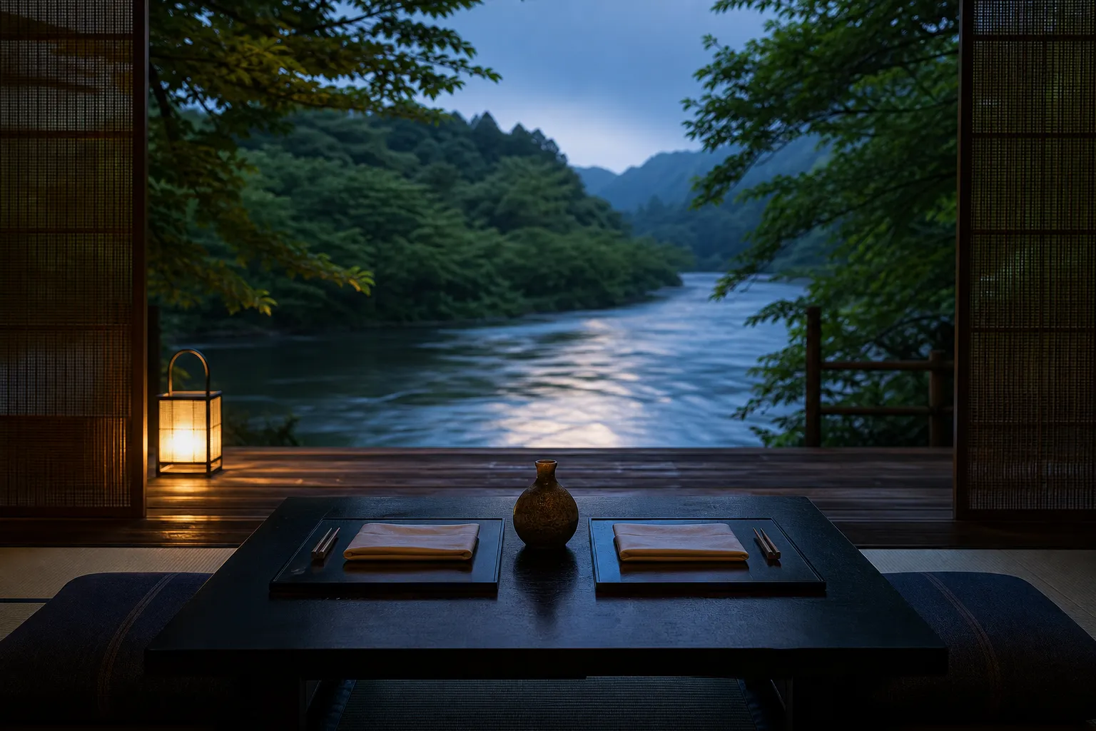 Private wooden deck suite with Japanese dining table overlooking a quiet river.