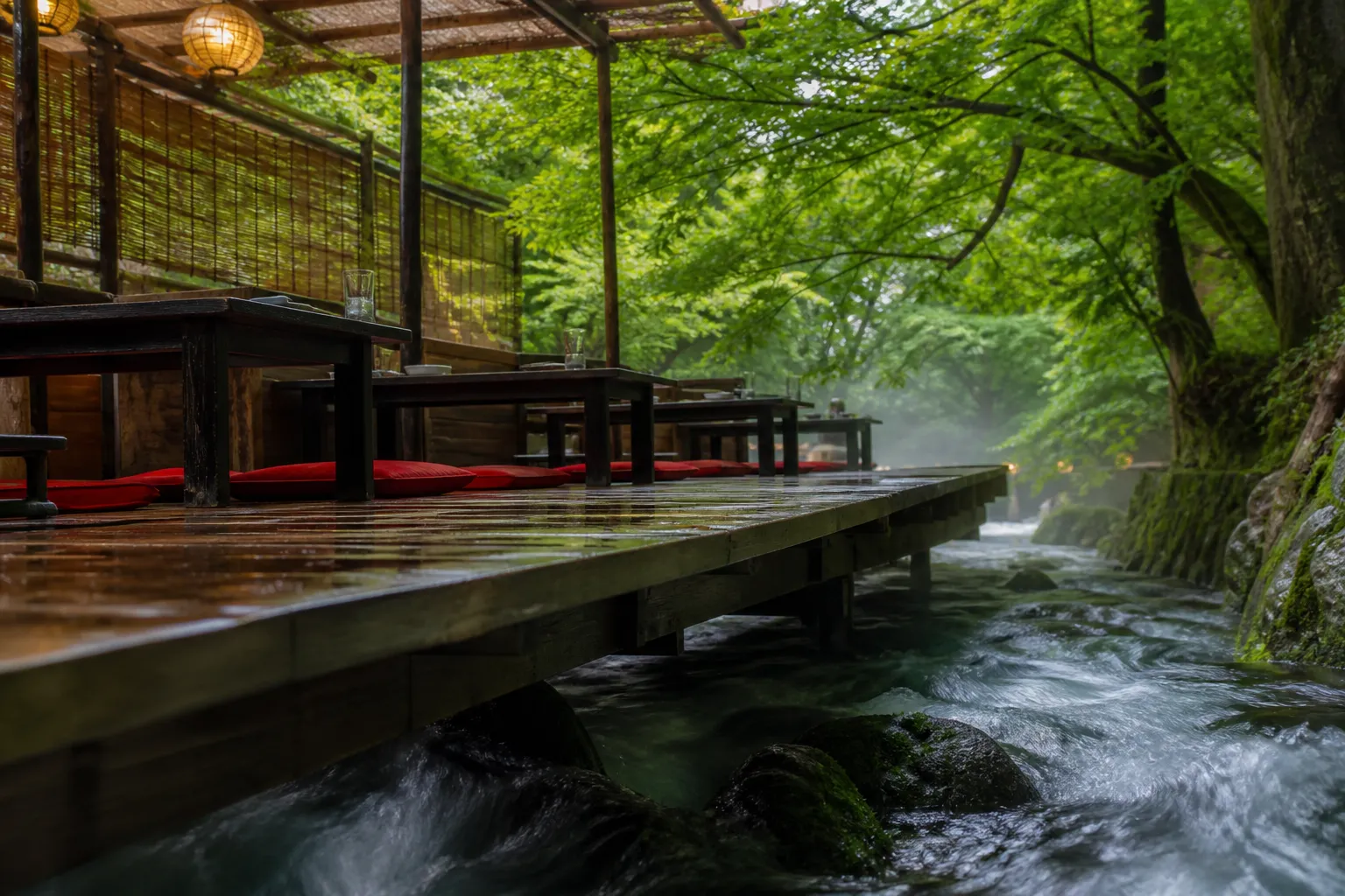 Wooden dining platform situated directly over a rushing mountain river surrounded by green forest in Kibune.