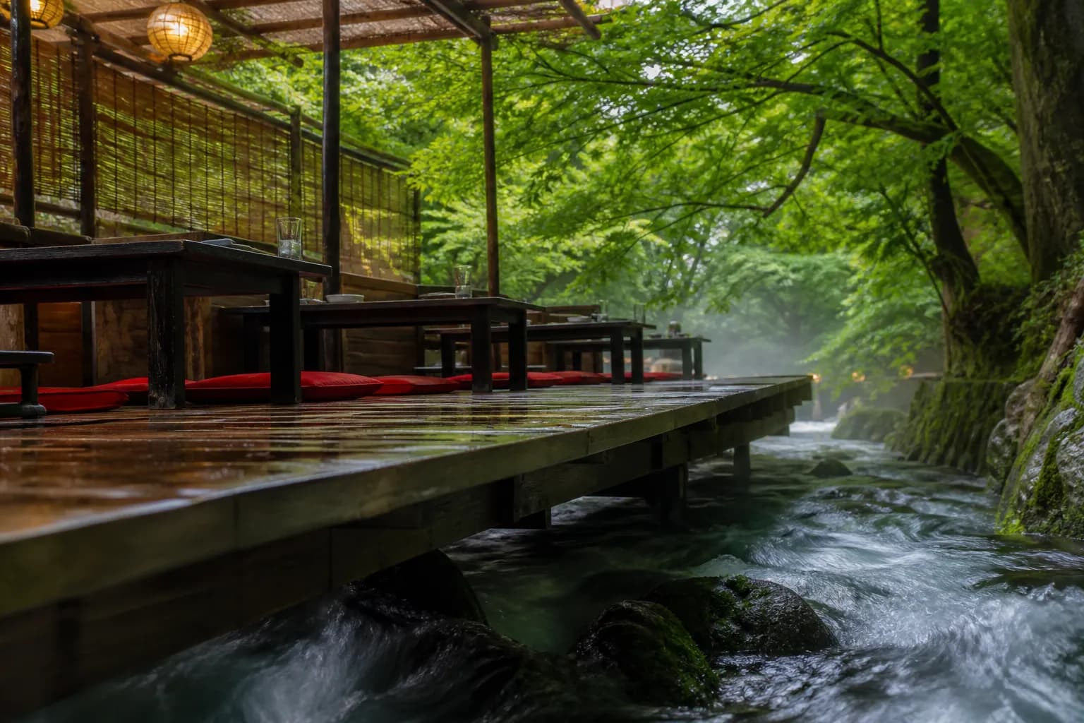 Wooden dining platform situated directly over a rushing mountain river surrounded by green forest in Kibune.