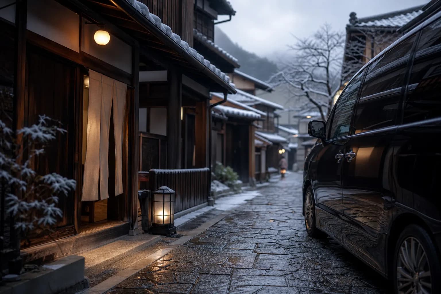 Black luxury vehicle parked quietly outside a traditional wooden Kyoto venue.