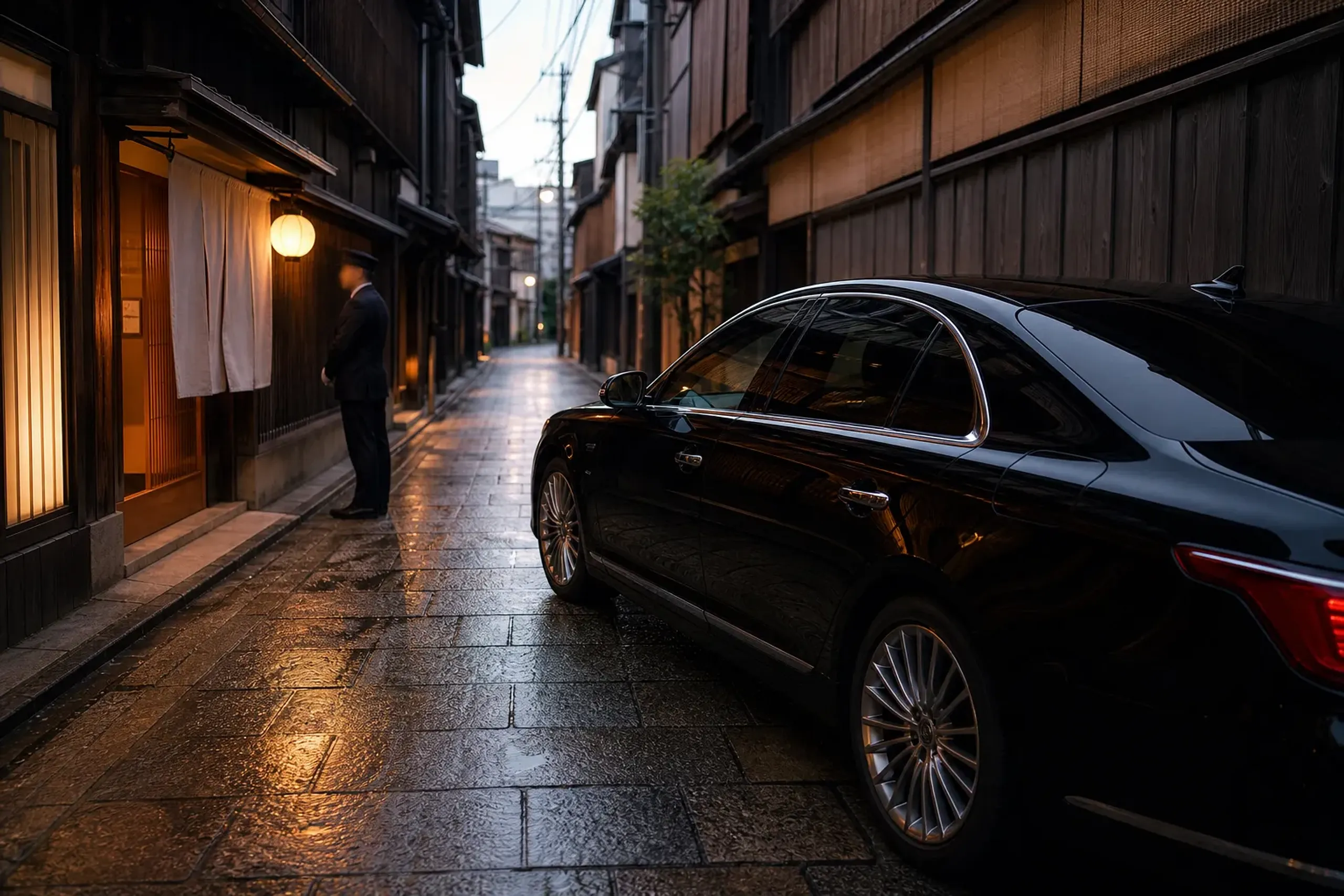 Black luxury vehicle parked quietly outside a traditional wooden Kyoto venue.