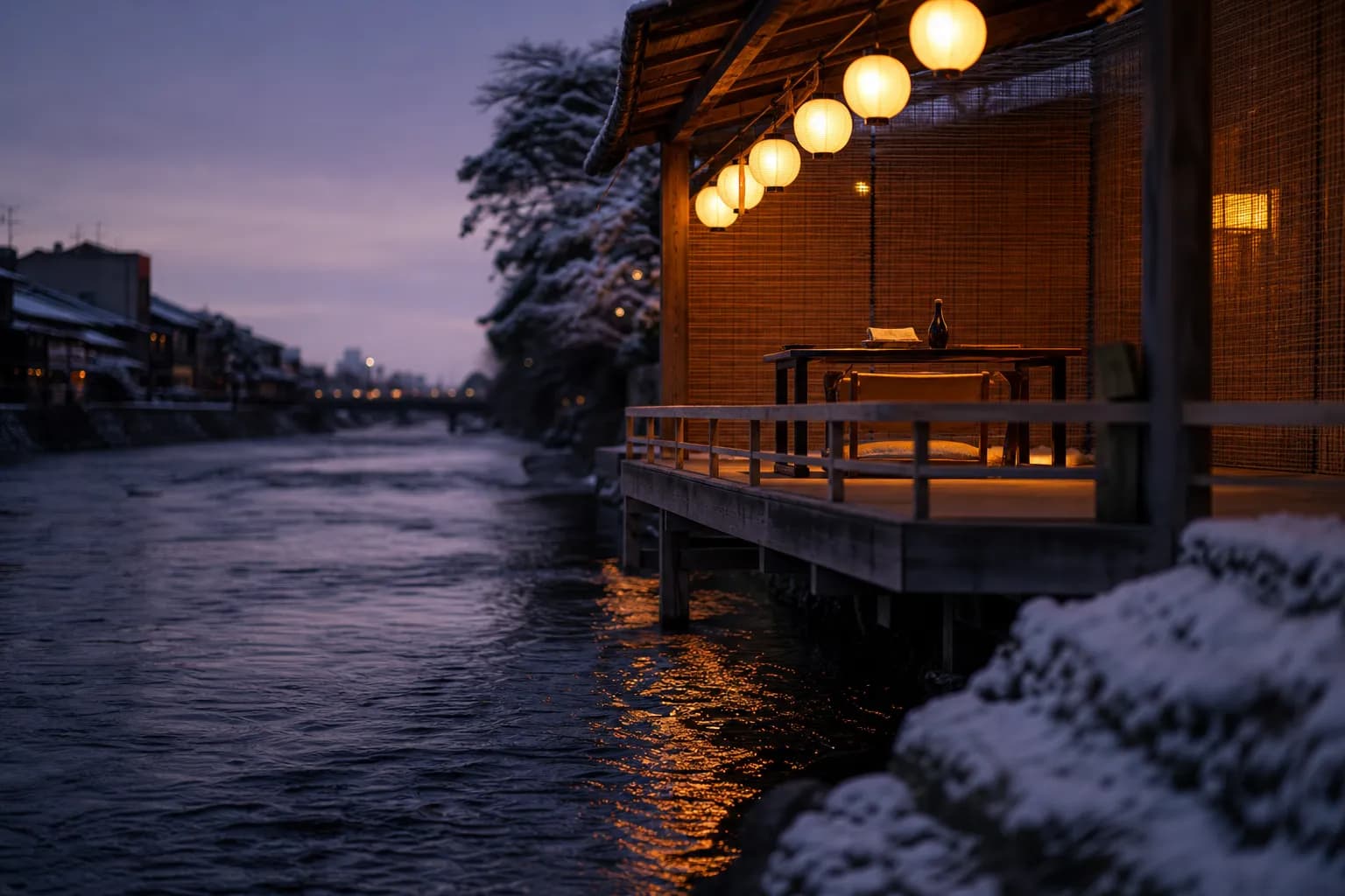 a private one-suite-per-day noryo-yuka wooden deck extending over the Kamogawa river at dusk, with an empty reserved dining setting and lantern light reflecting on the water