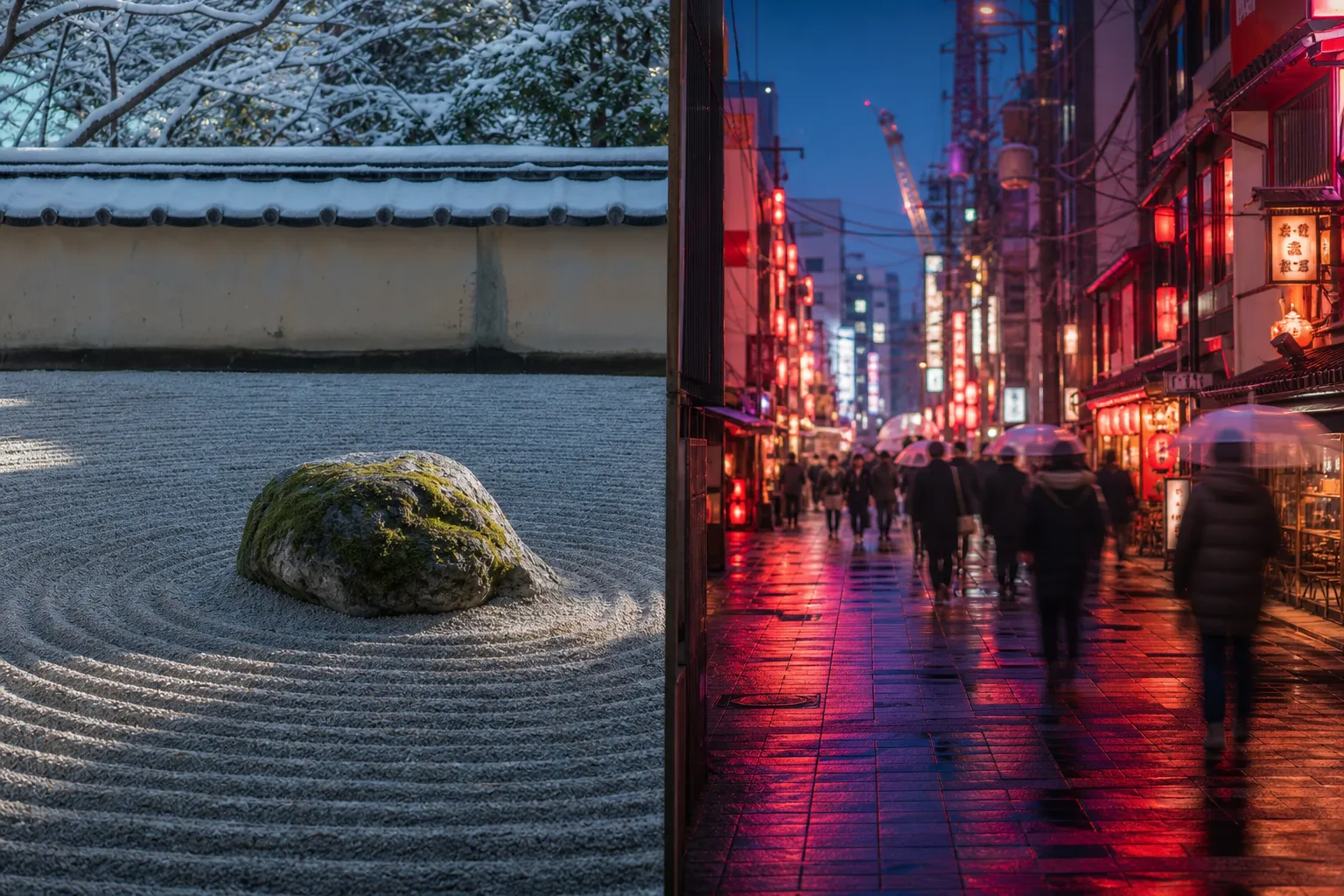 A vertical split image showing a peaceful Zen stone garden in Kyoto on one side and a glowing neon-lit city street in Osaka on the other side.