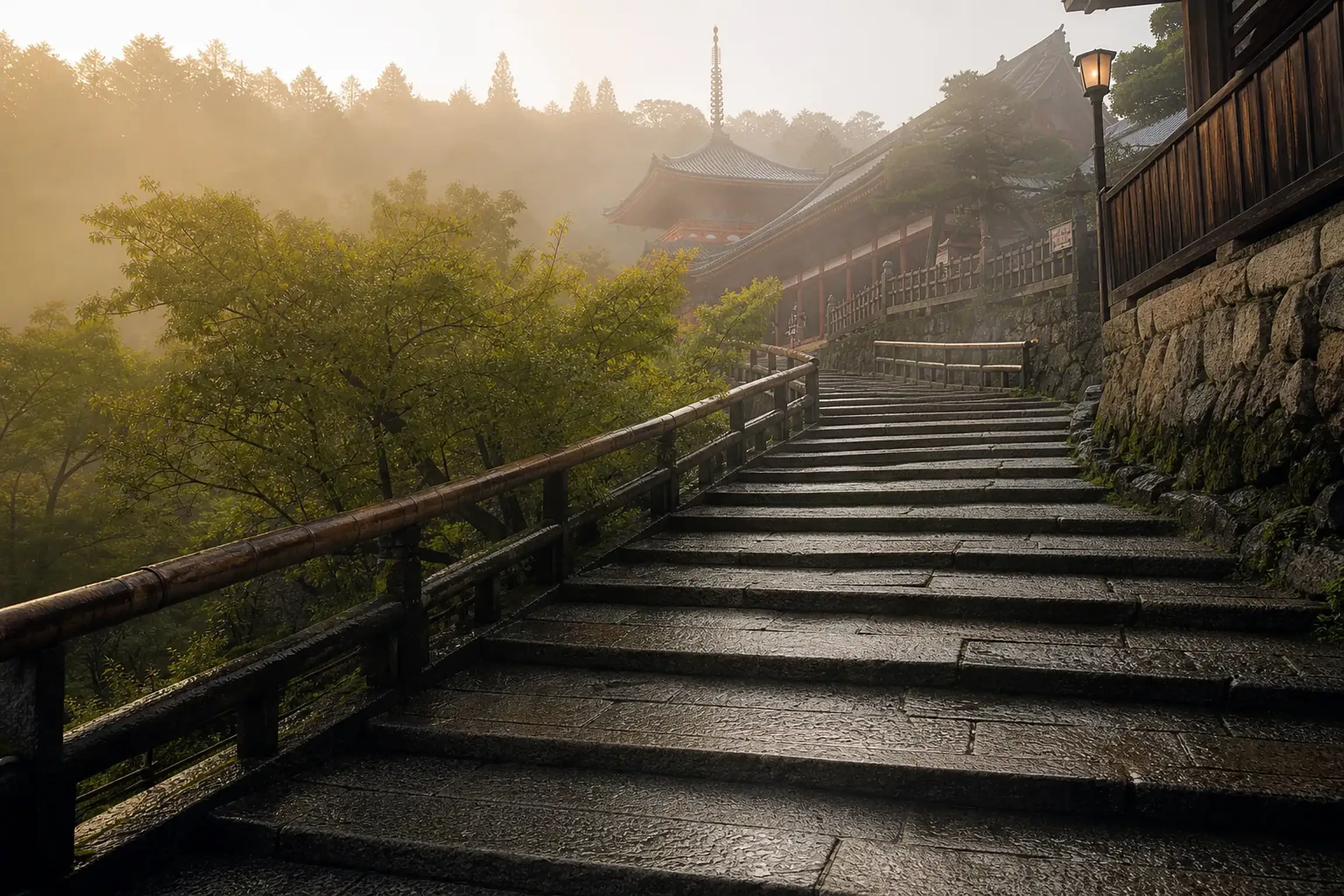 Kiyomizu-dera in Kyoto in early morning light with a quiet, nearly empty approach