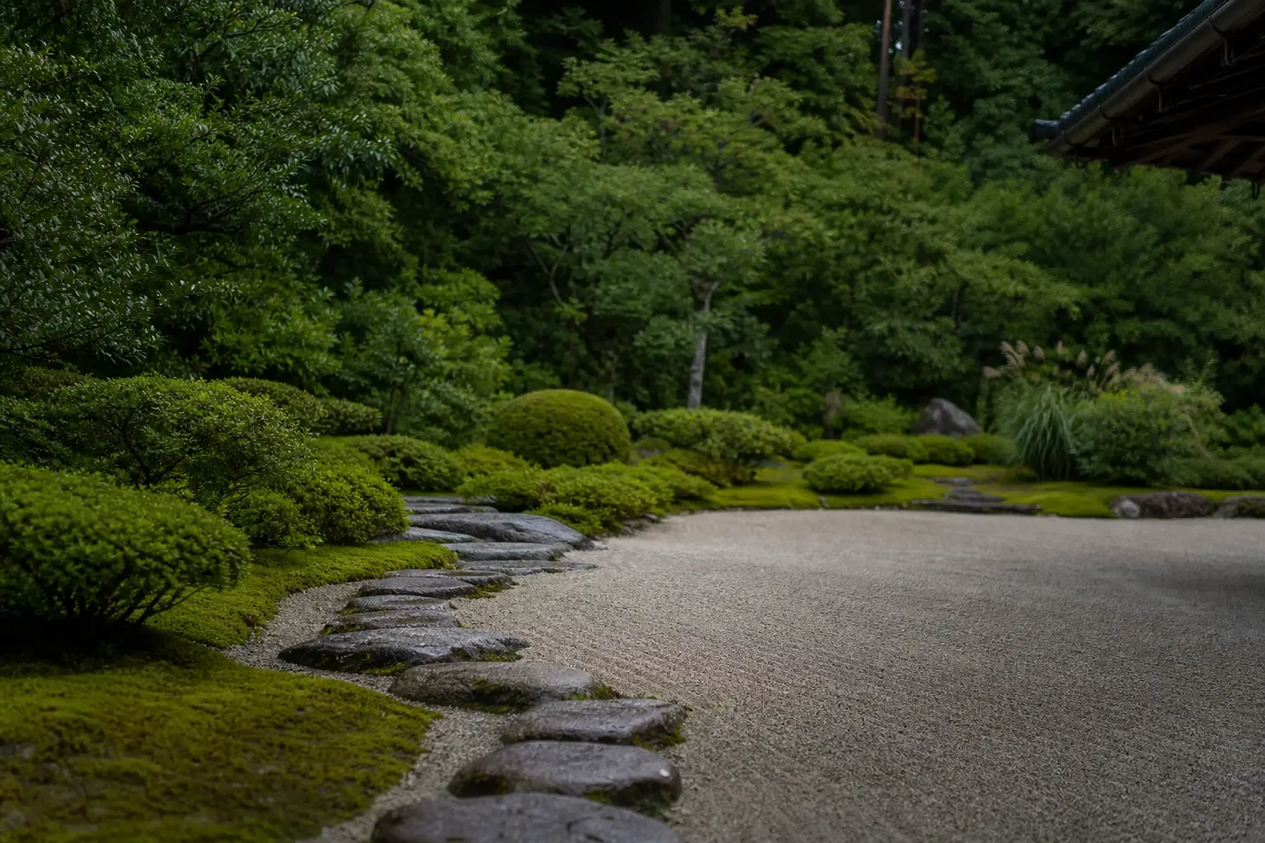 Garden scene at Katsura Imperial Villa in Kyoto with stepping stones and traditional architecture