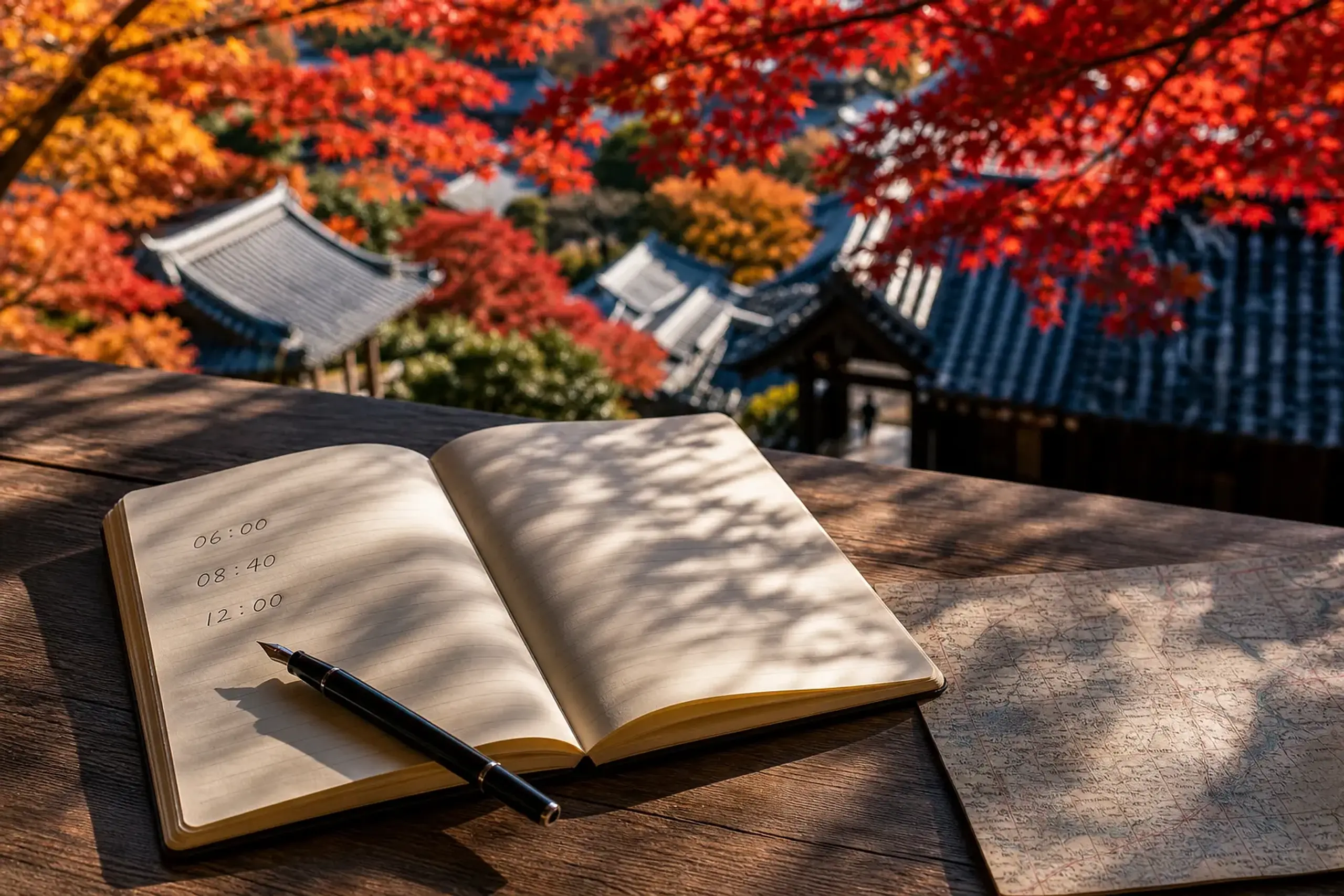 Handwritten Kyoto itinerary schedule with time blocks and a pen on a wooden table