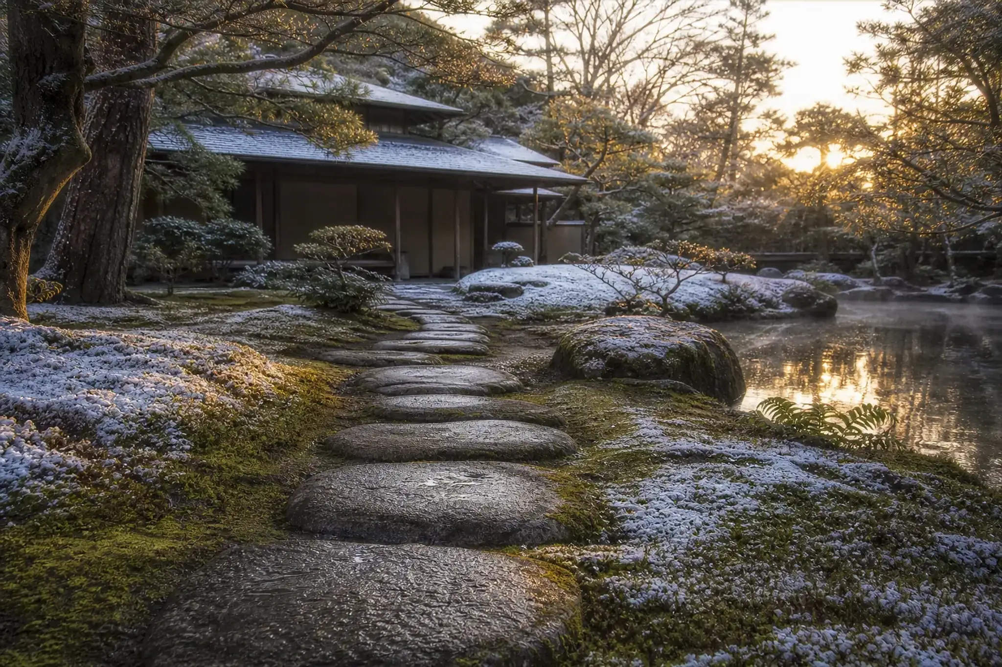 Garden scene at Katsura Imperial Villa in Kyoto with stepping stones and traditional architecture