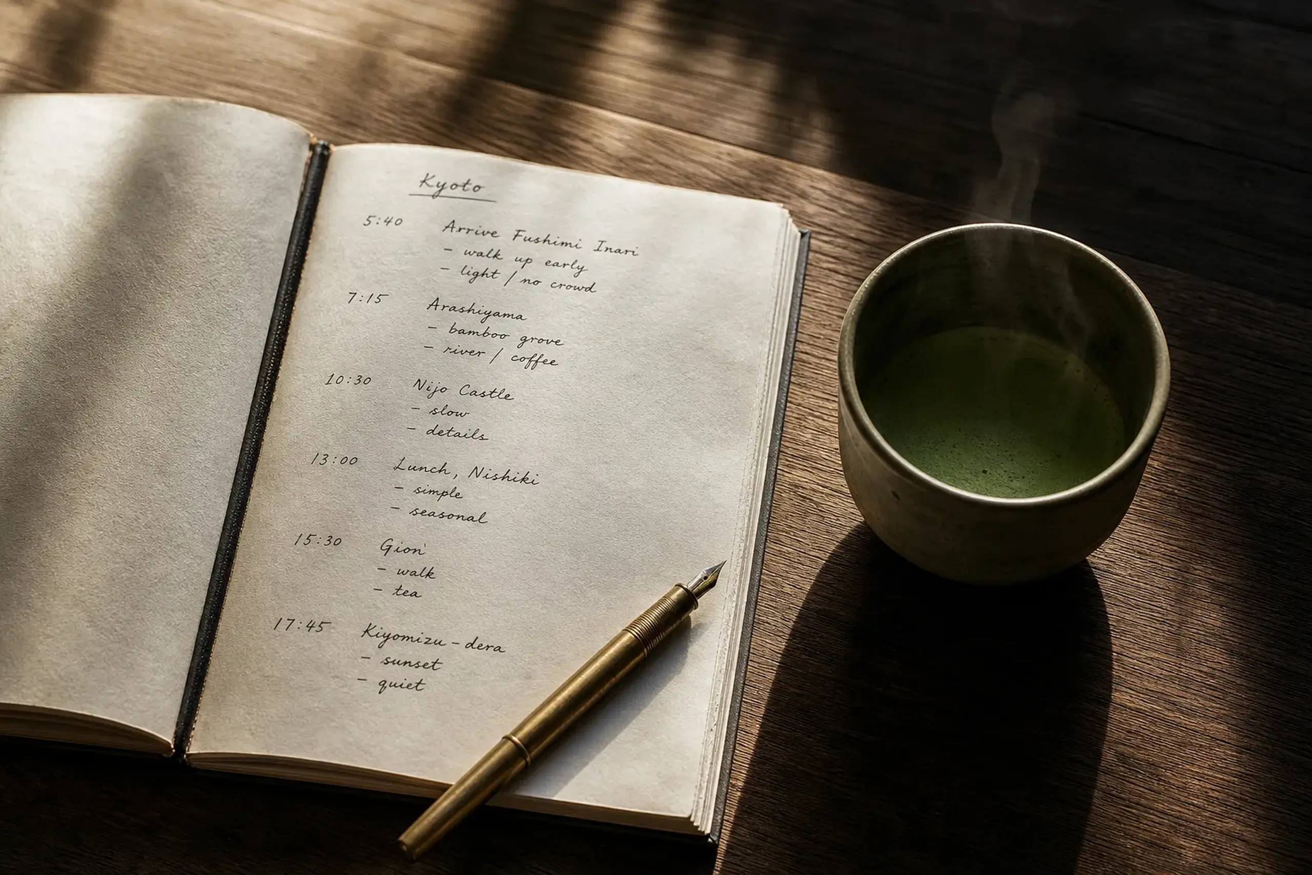 Handwritten Kyoto itinerary schedule with time blocks and a pen on a wooden table