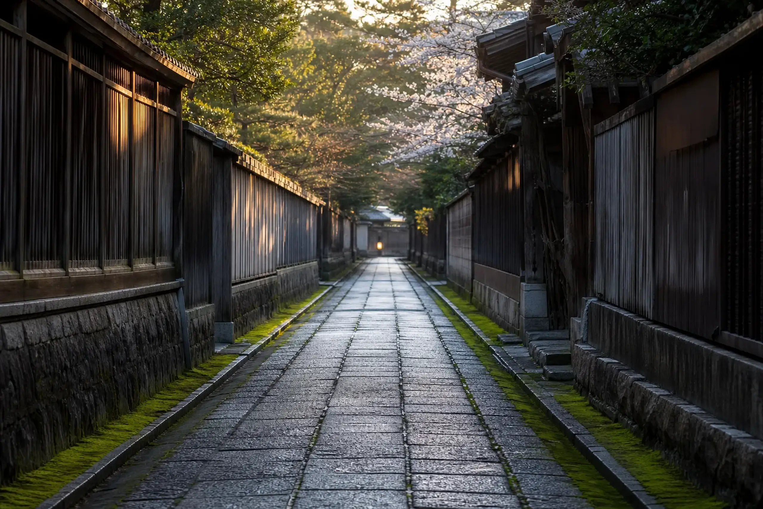 a narrow moss-edged stone lane in Kyoto lined with weathered cedar-plank walls, lit by low angled early-morning light