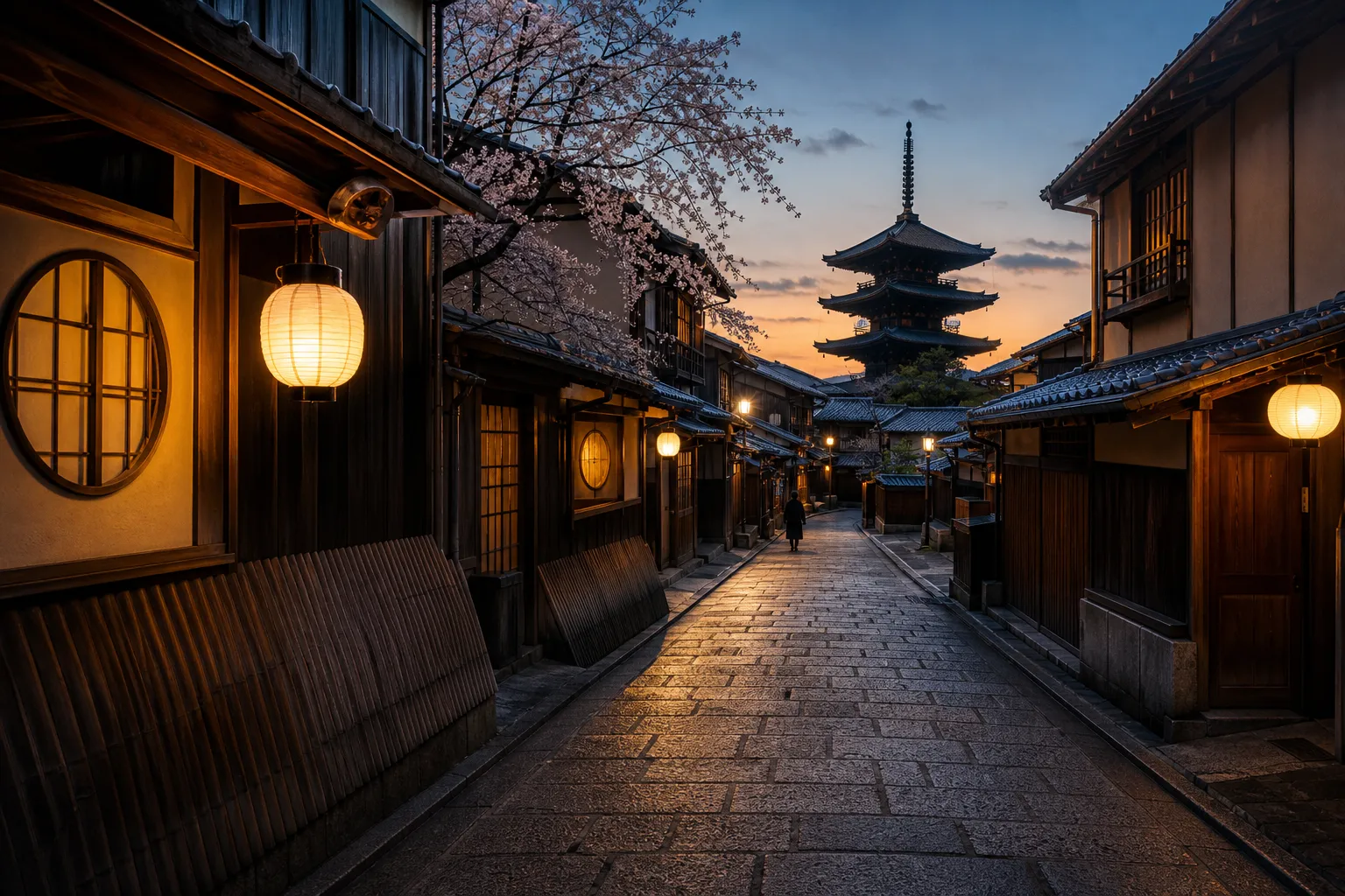 Quiet Kyoto street at dawn in Higashiyama with stone paving and wooden shutters