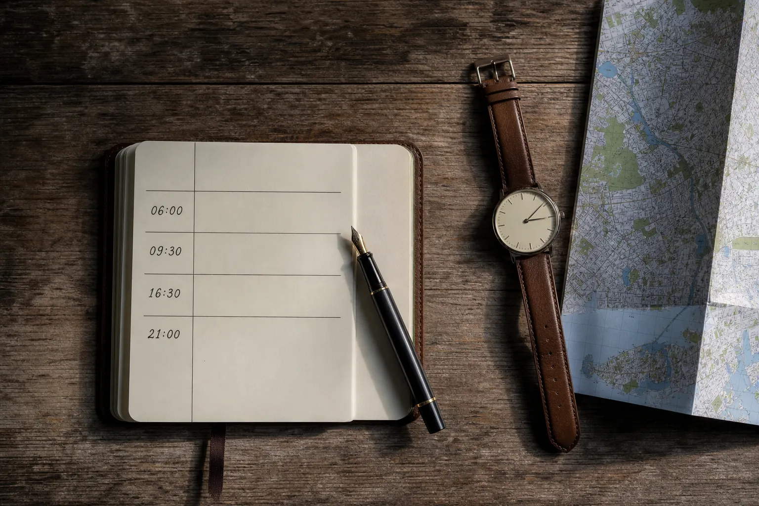 Notebook and watch with a Kyoto map and a hand-drawn timing schedule
