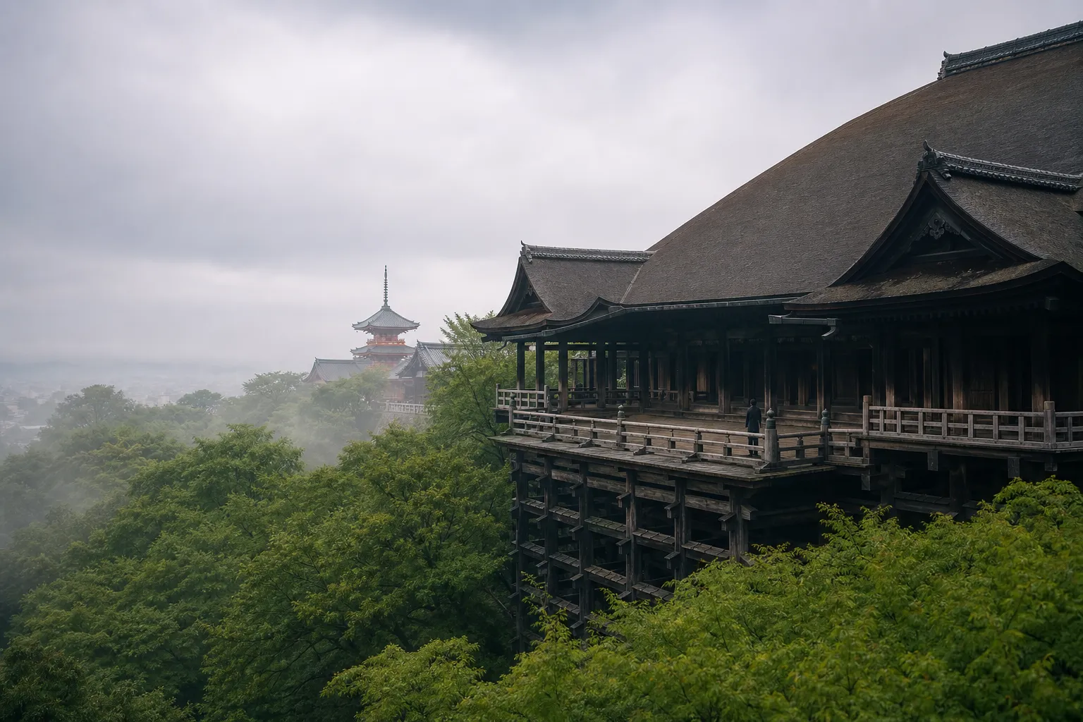 Kiyomizu-dera temple complex in Kyoto early in the morning with few visitors
