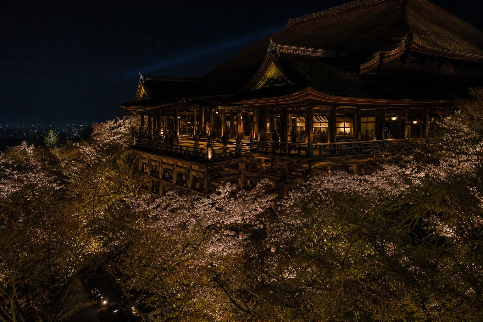 Kiyomizu-dera illuminated at night during a special night viewing in Kyoto
