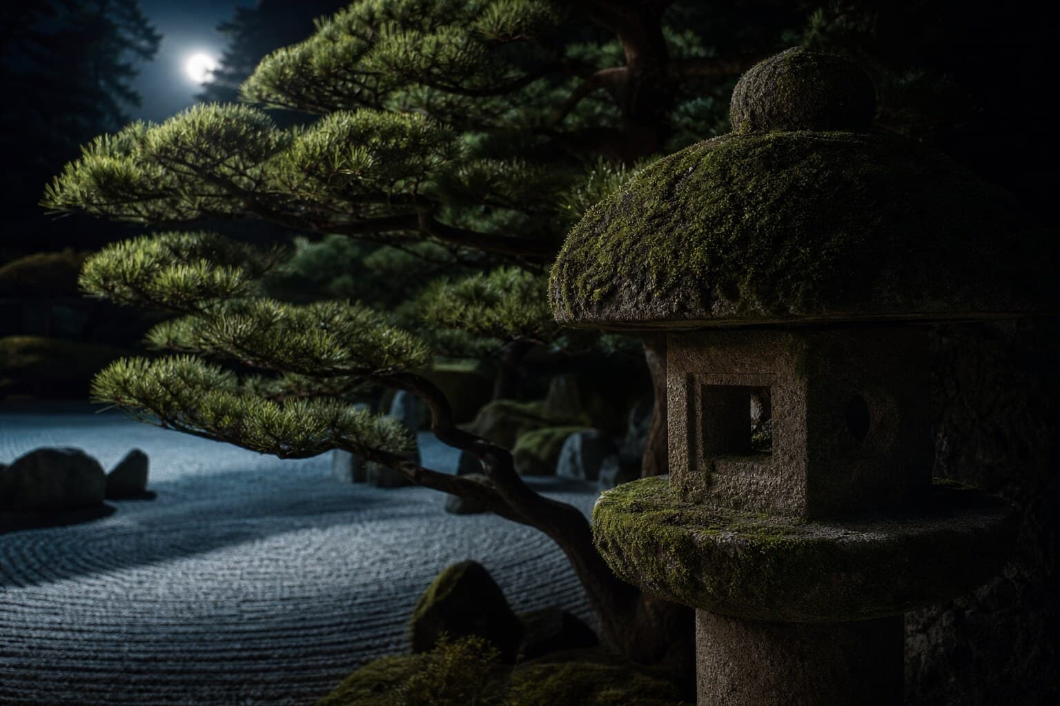 Moss-covered stone lantern in a Kyoto garden at night