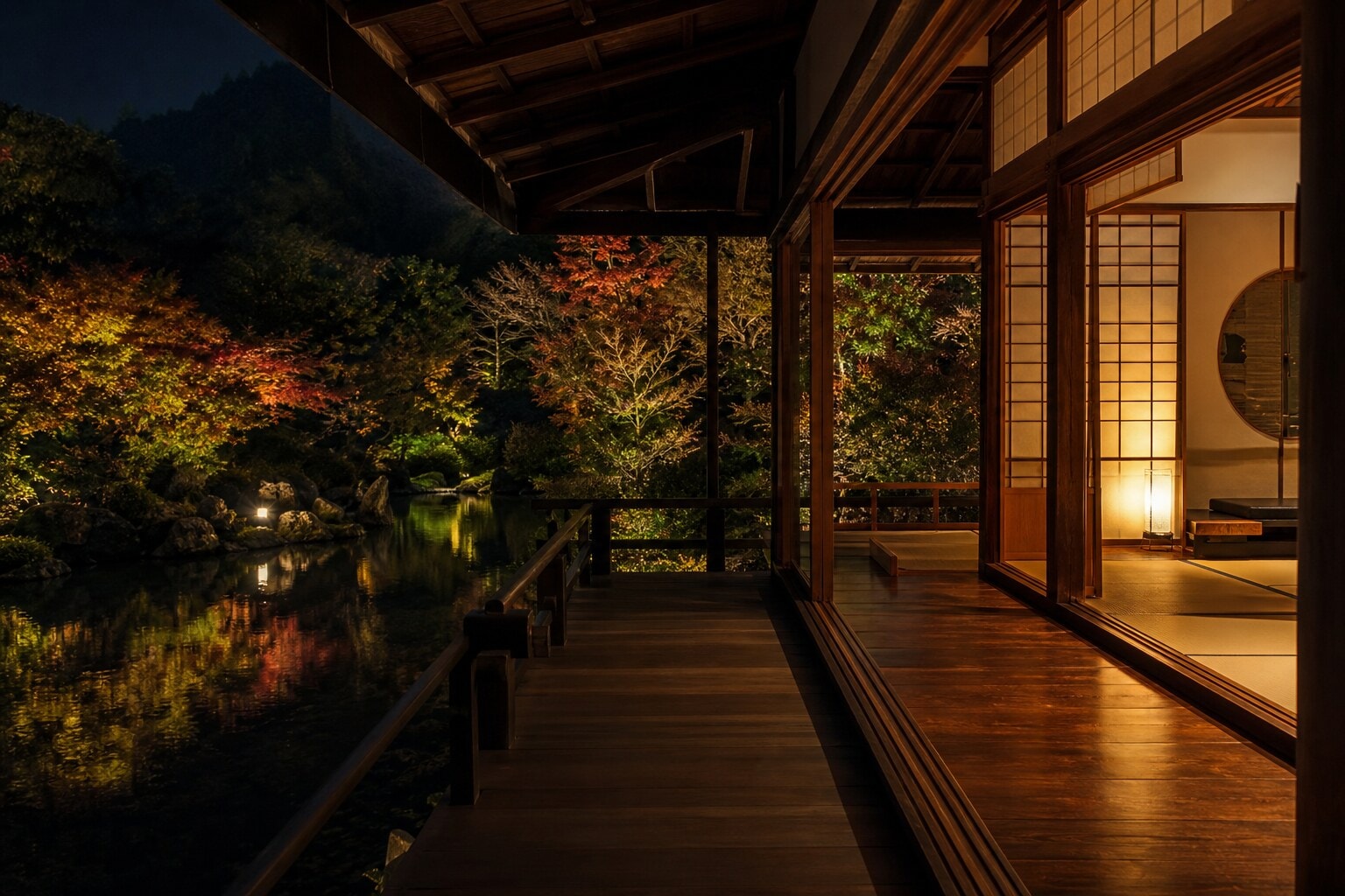 Open wooden veranda of a Kyoto temple looking out over a night garden