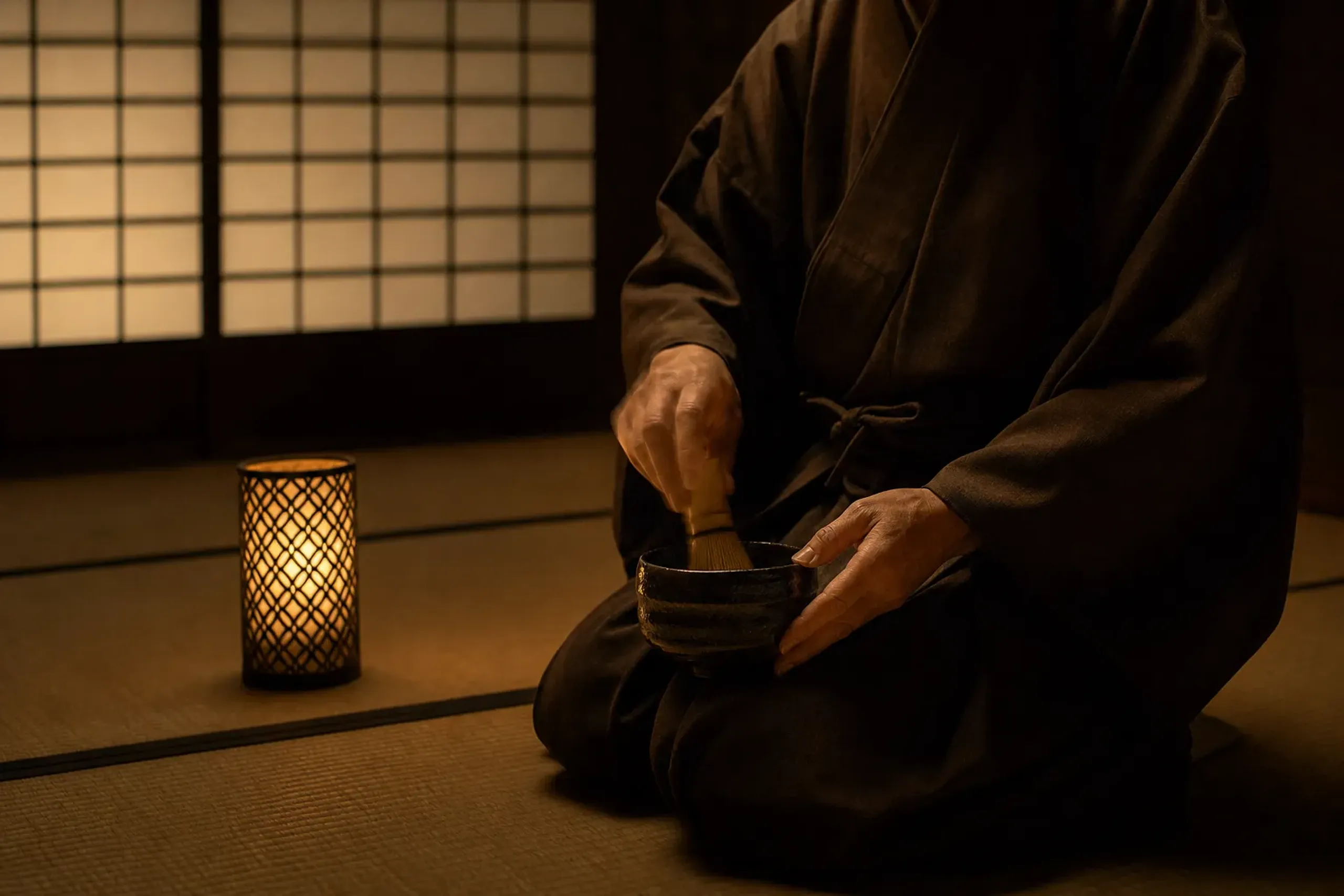 Buddhist monk preparing matcha tea in a dimly lit tatami room